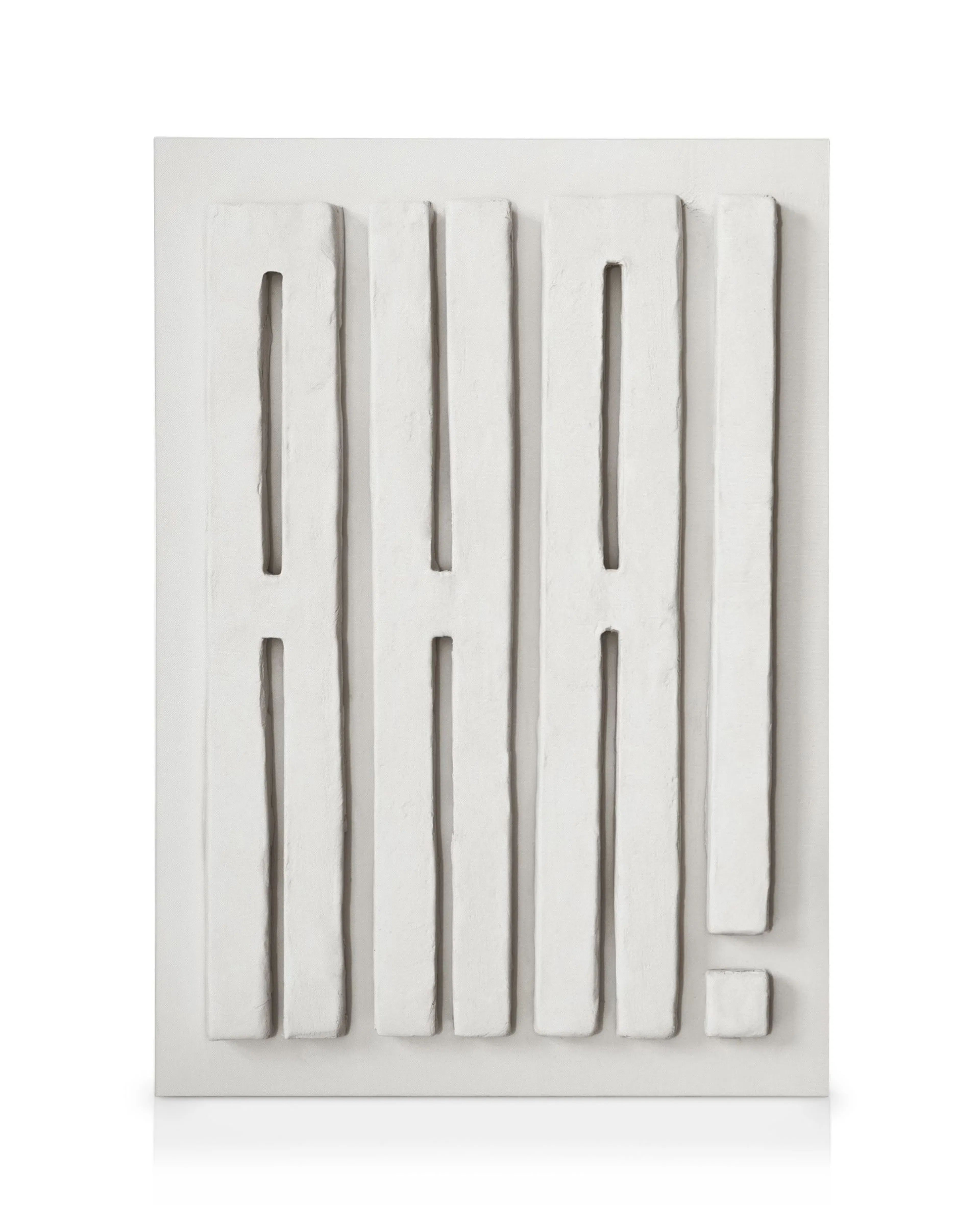 White textured canvas print spelling AHA! in relief, modern inspiration artwork.
