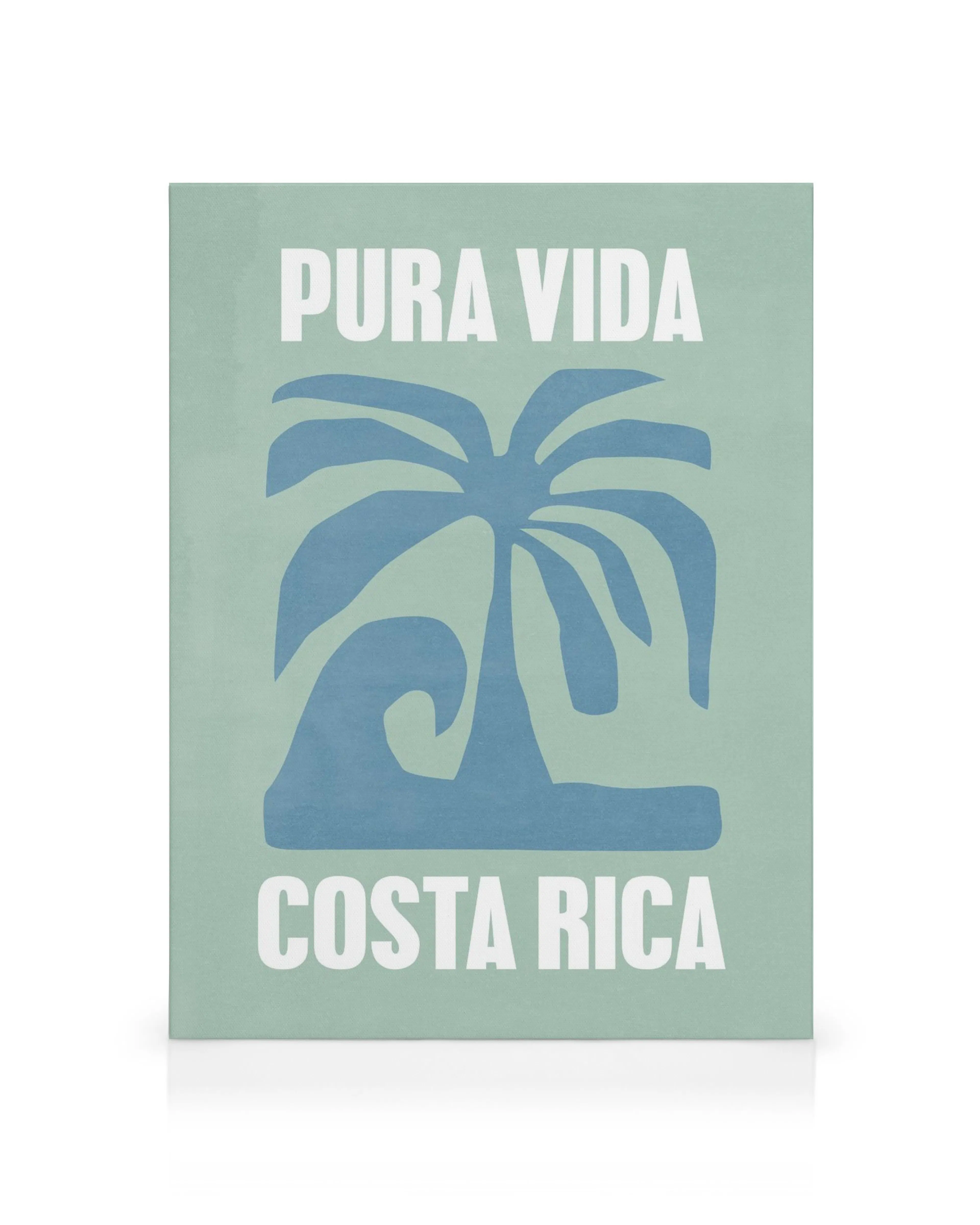 Graphic Costa Rica Leinwandbild mit Palmen- und Wellenmotiv in Blau auf Hellgrün, Schriftzug Pura Vida Costa Rica.