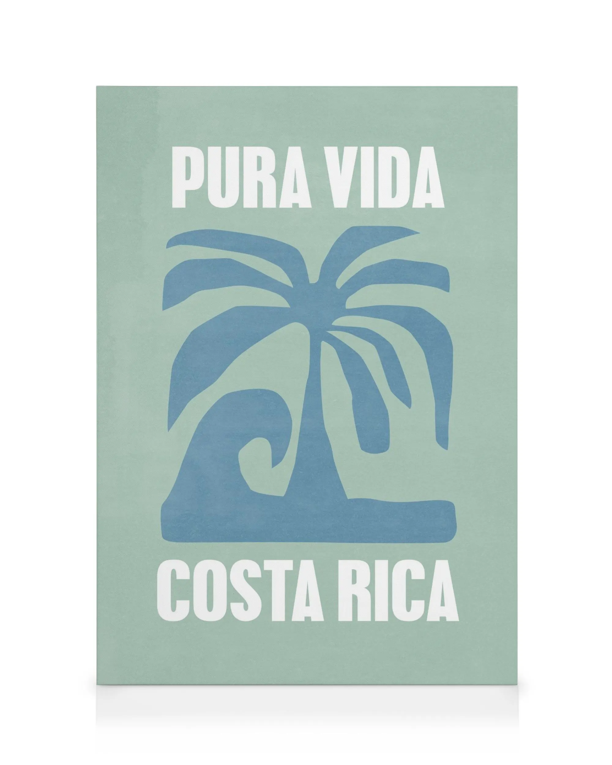 Leinwandbild Costa Rica mit Pura Vida Schriftzug, Palmen- und Wellenmotiv in Pastellgrün und Blau