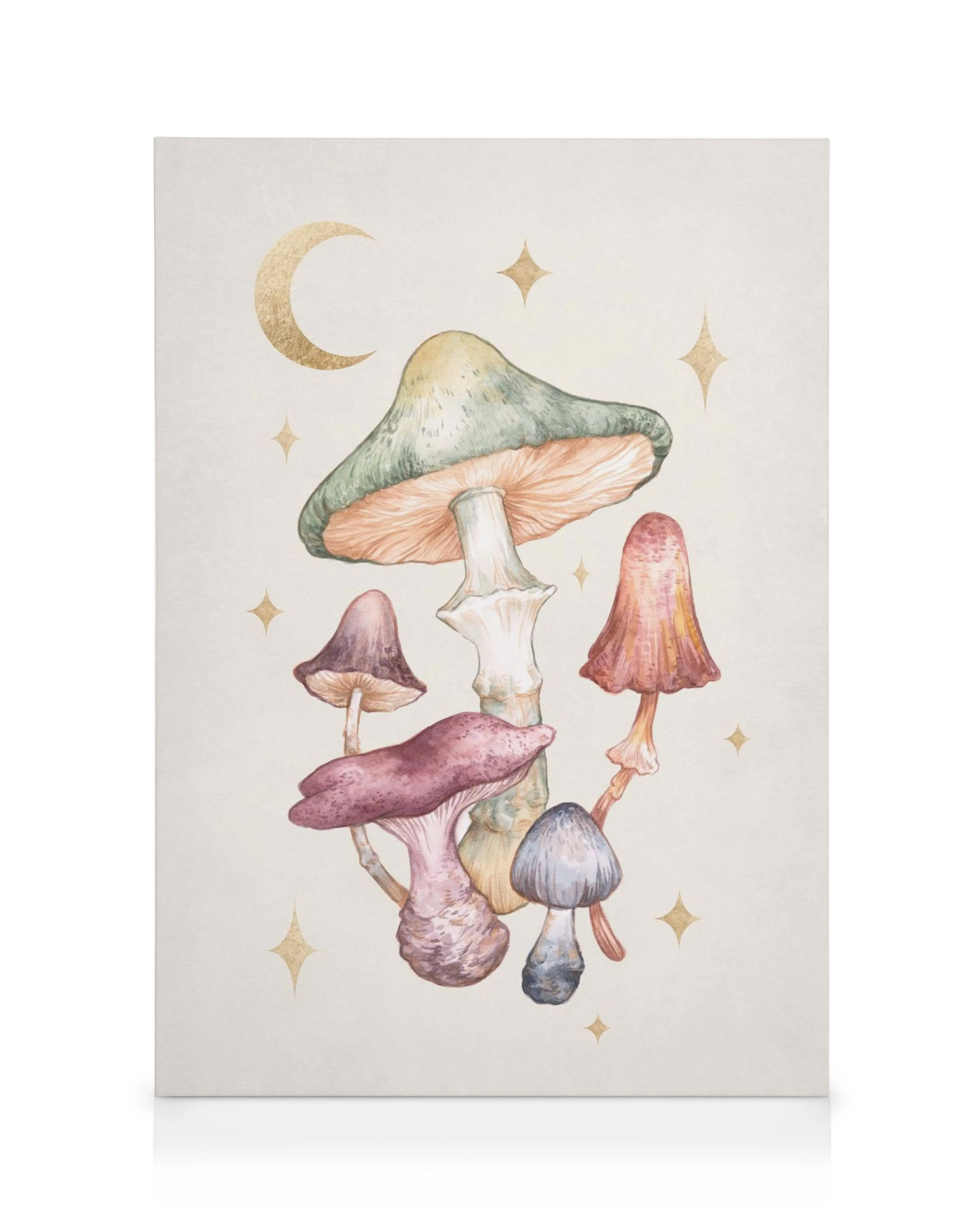 Toile de champignons colorés (vert, rose, violet, orange) avec croissant de lune doré et étoiles scintillantes sur fond clair.