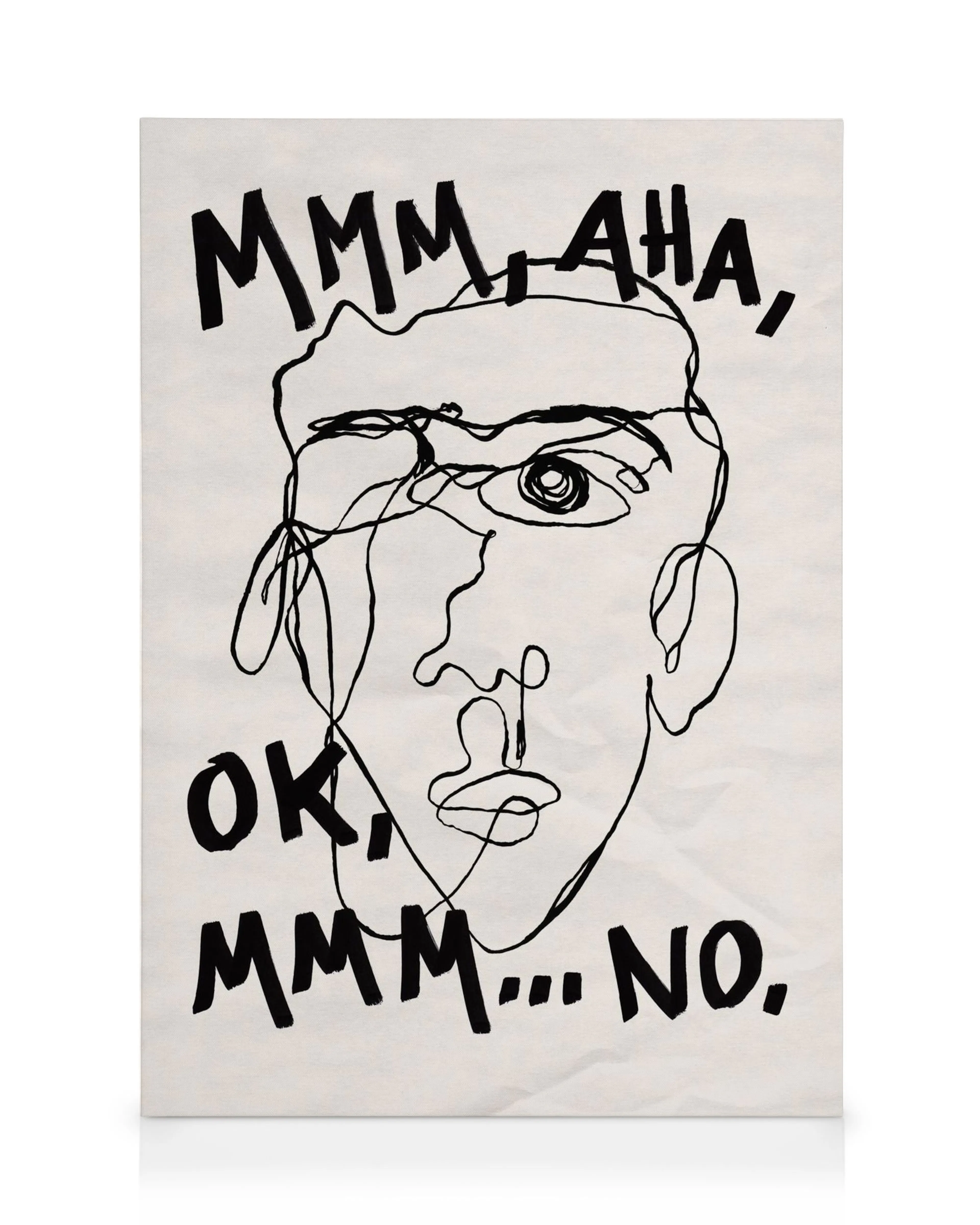 Rysunek twarzy z okiem, nosem i ustami na teksturowanym tle. Napisy Mmm Aha, Ok, Mmm... No. czarnym pismem.