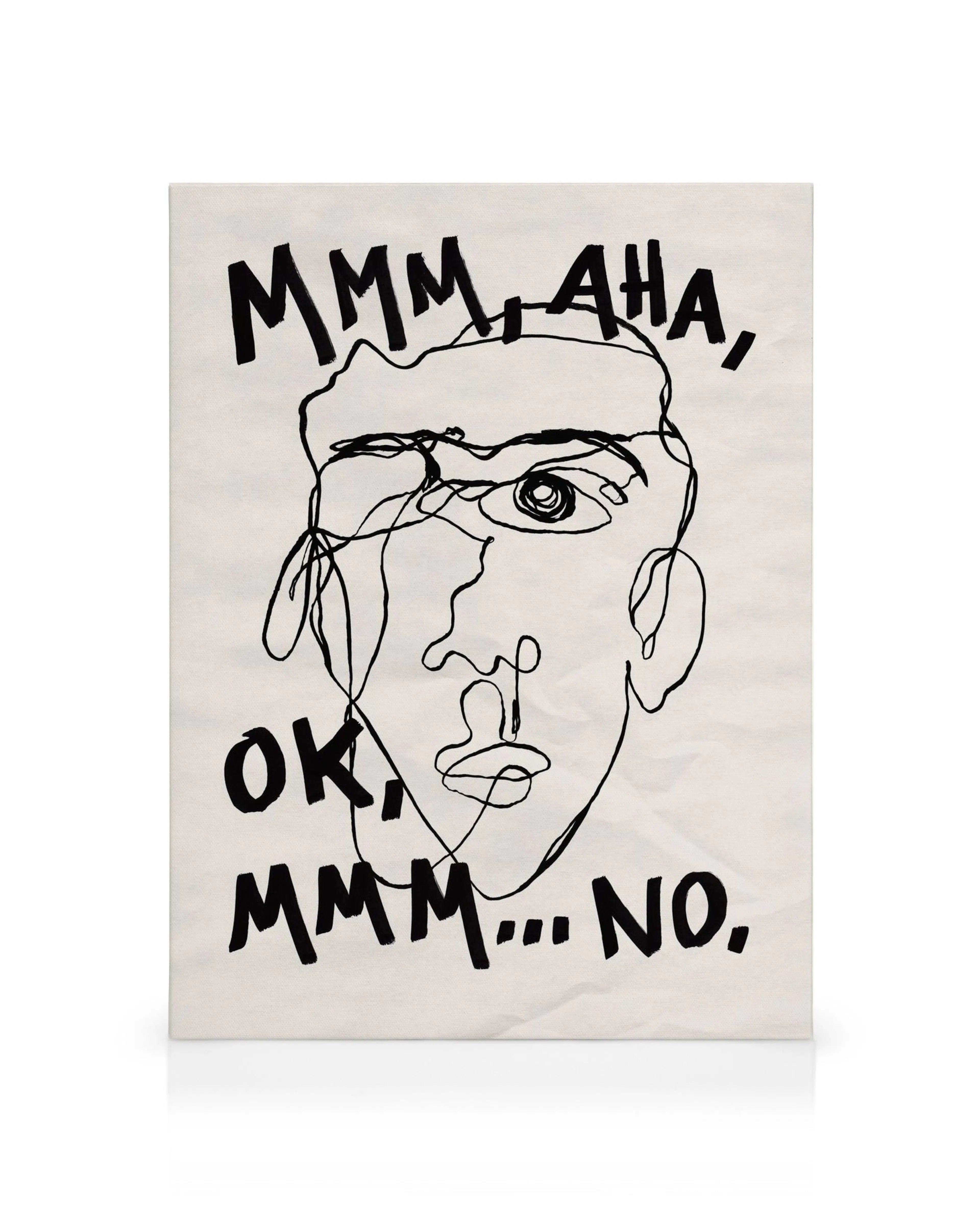 Line drawing portrait canvas print with Mmm Aha, Ok, and Mmm... No. text on crinkled white background.