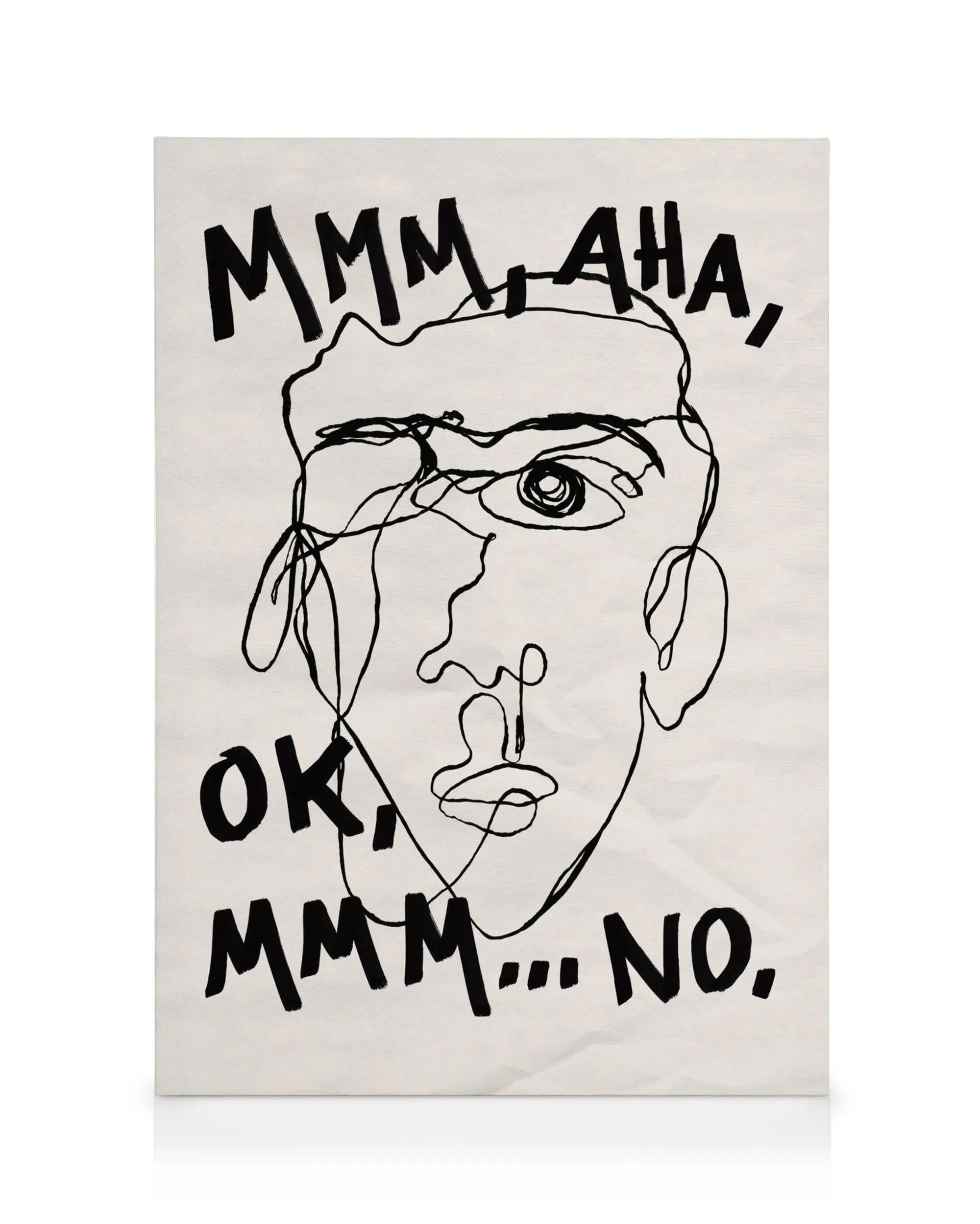 Abstract black line art portrait sketch on a neutral background with text MMM, AHA, OK, MMM... NO.
