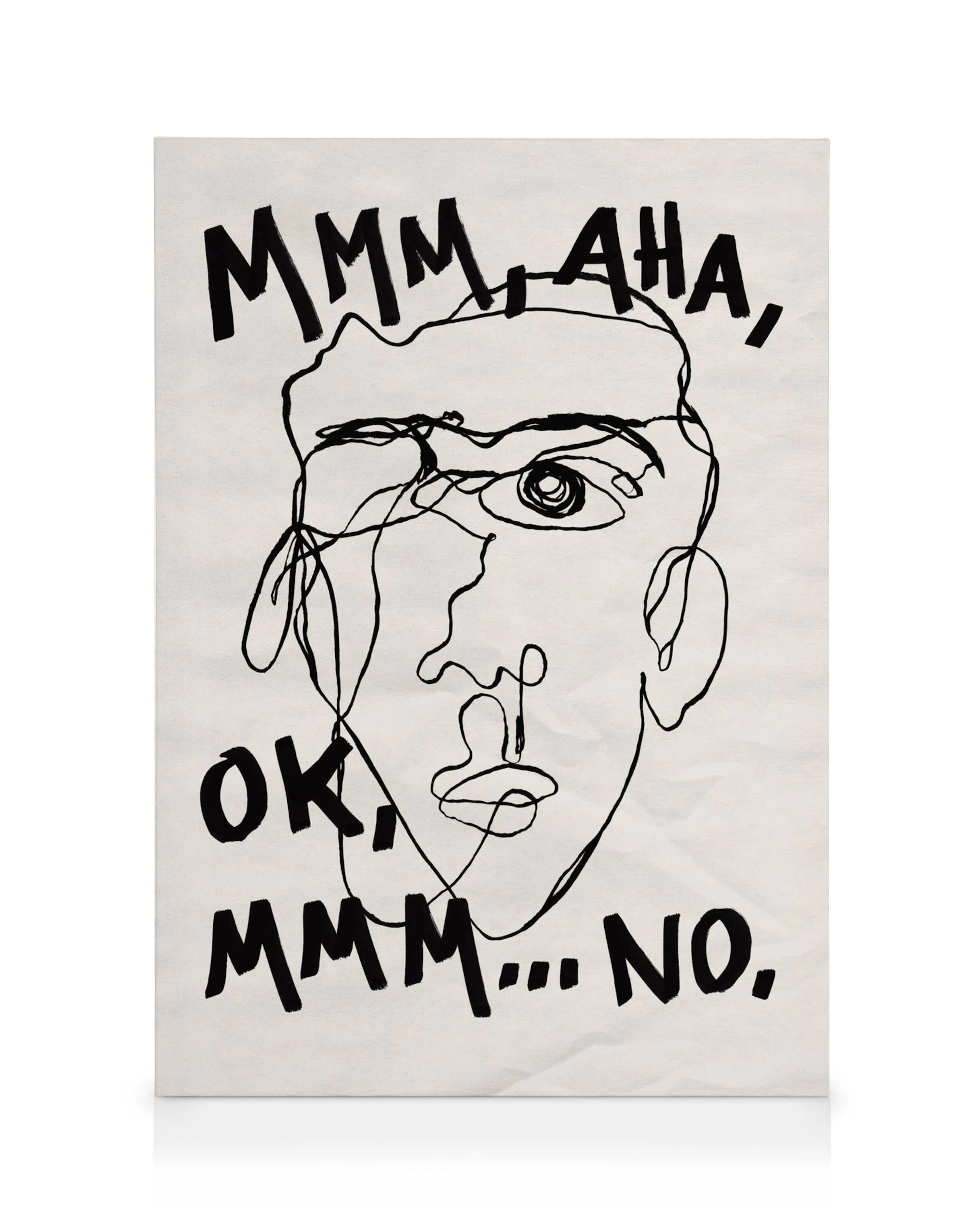 Abstract black line art portrait sketch on a neutral background with text MMM, AHA, OK, MMM... NO.