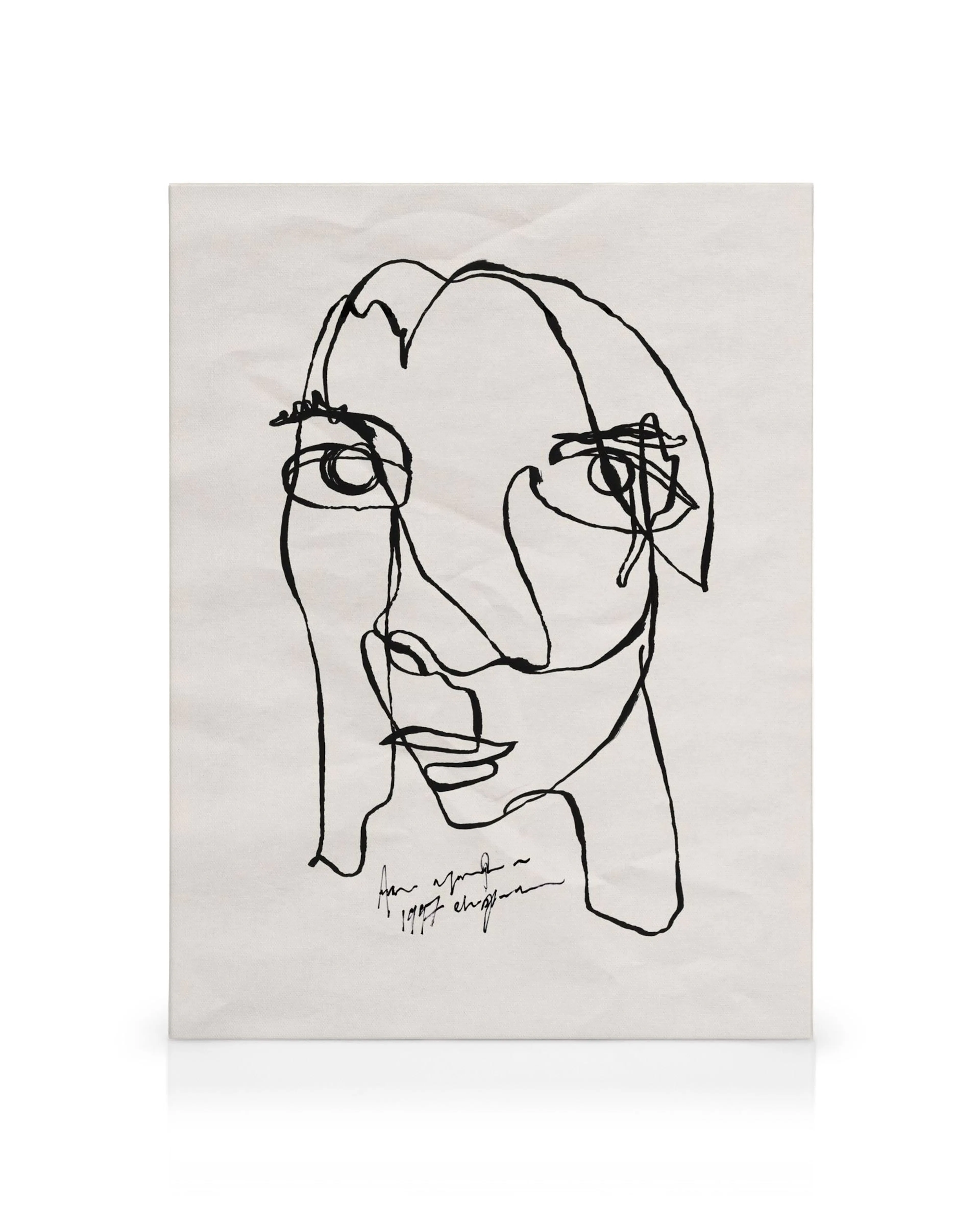 Abstracte lijntekening van een gezicht op een beige canvas, perfect voor een stijlvolle fotowand.