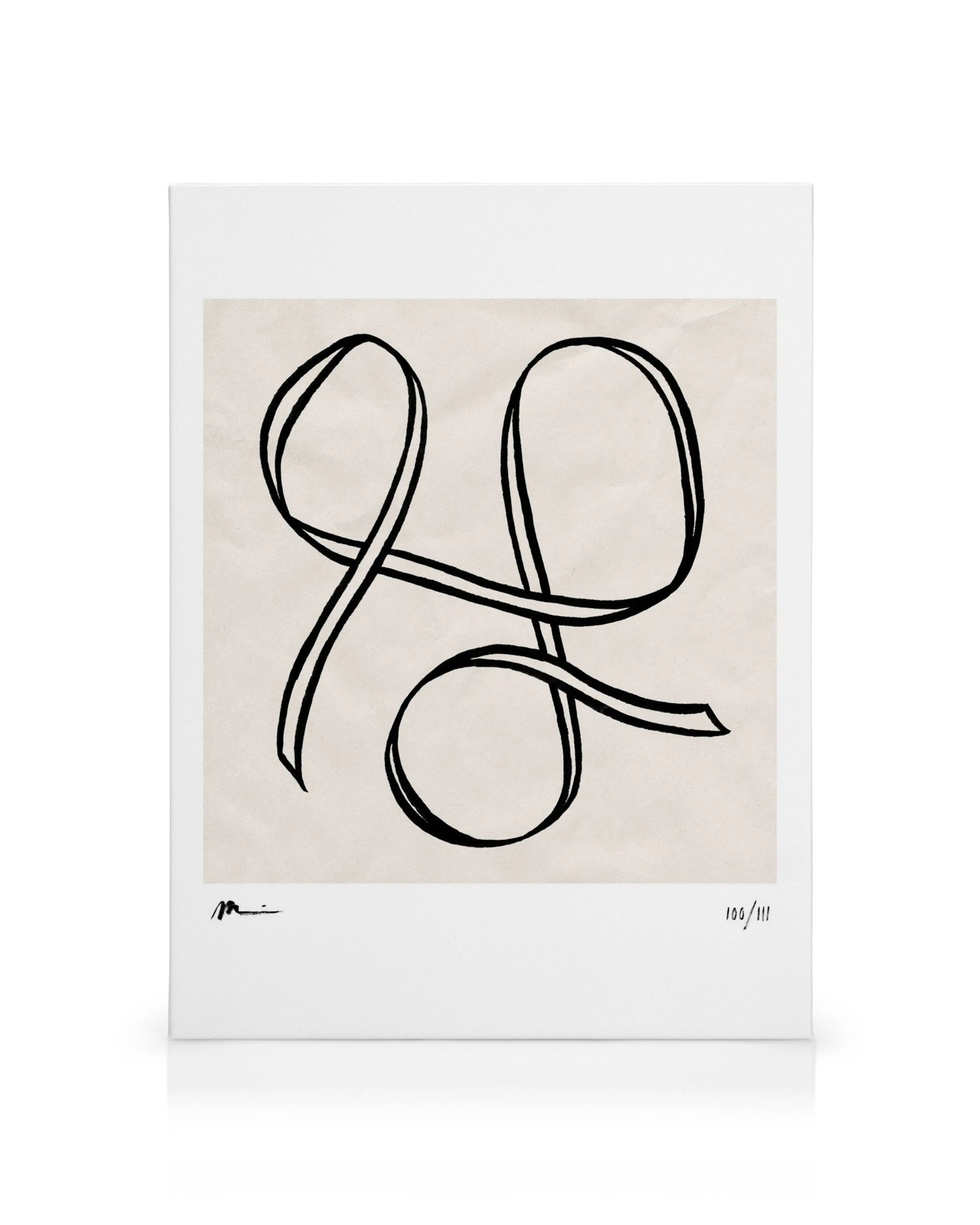 Leinwandbild mit schwarzem Schleifen-Sketch auf beigem Hintergrund, minimalistische Band-Kunst.