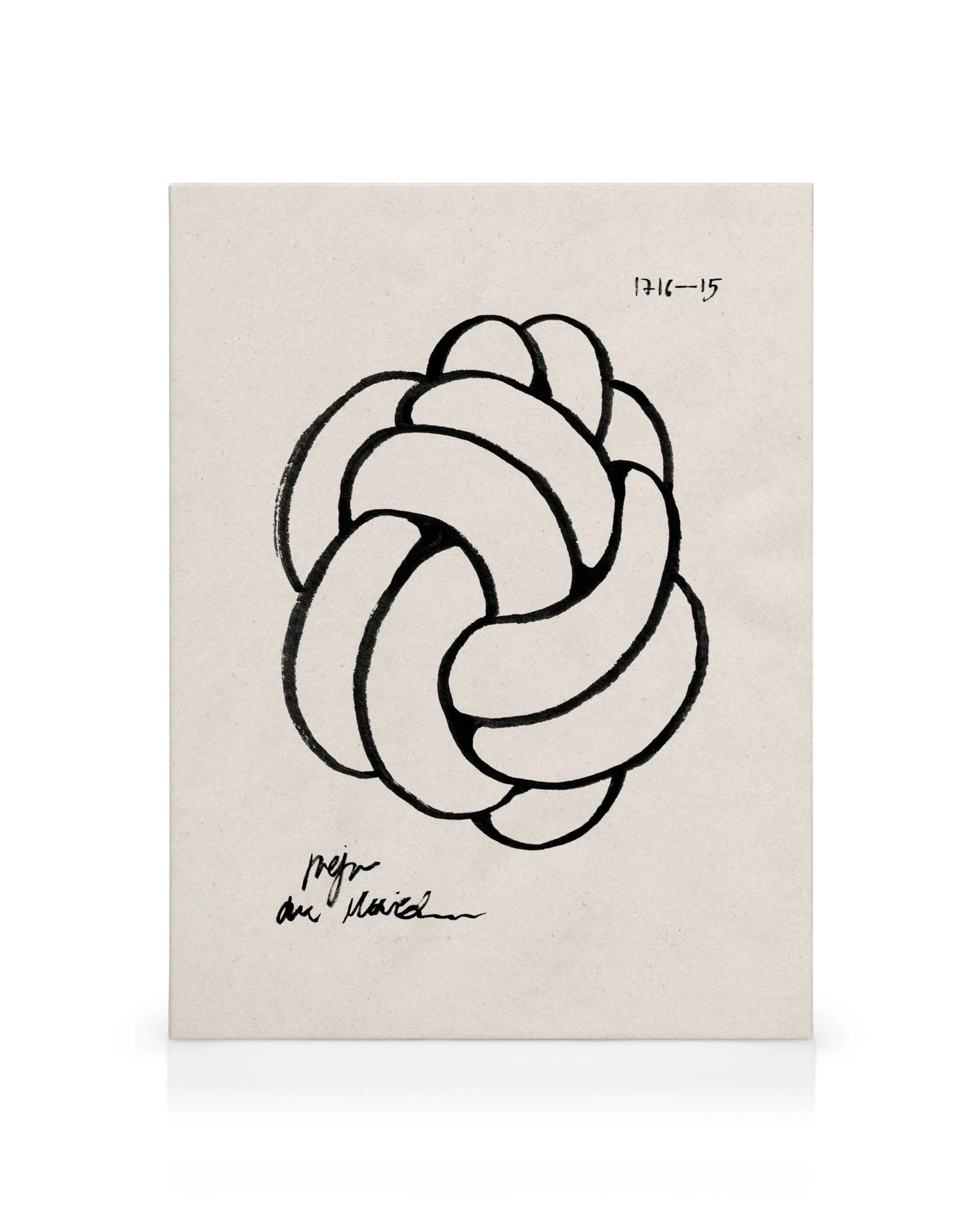 Knot Sketch Leinwandbild: Schwarze, dicke Linien bilden einen komplexen, runden Knoten auf einem hellbeigen Hintergrund.