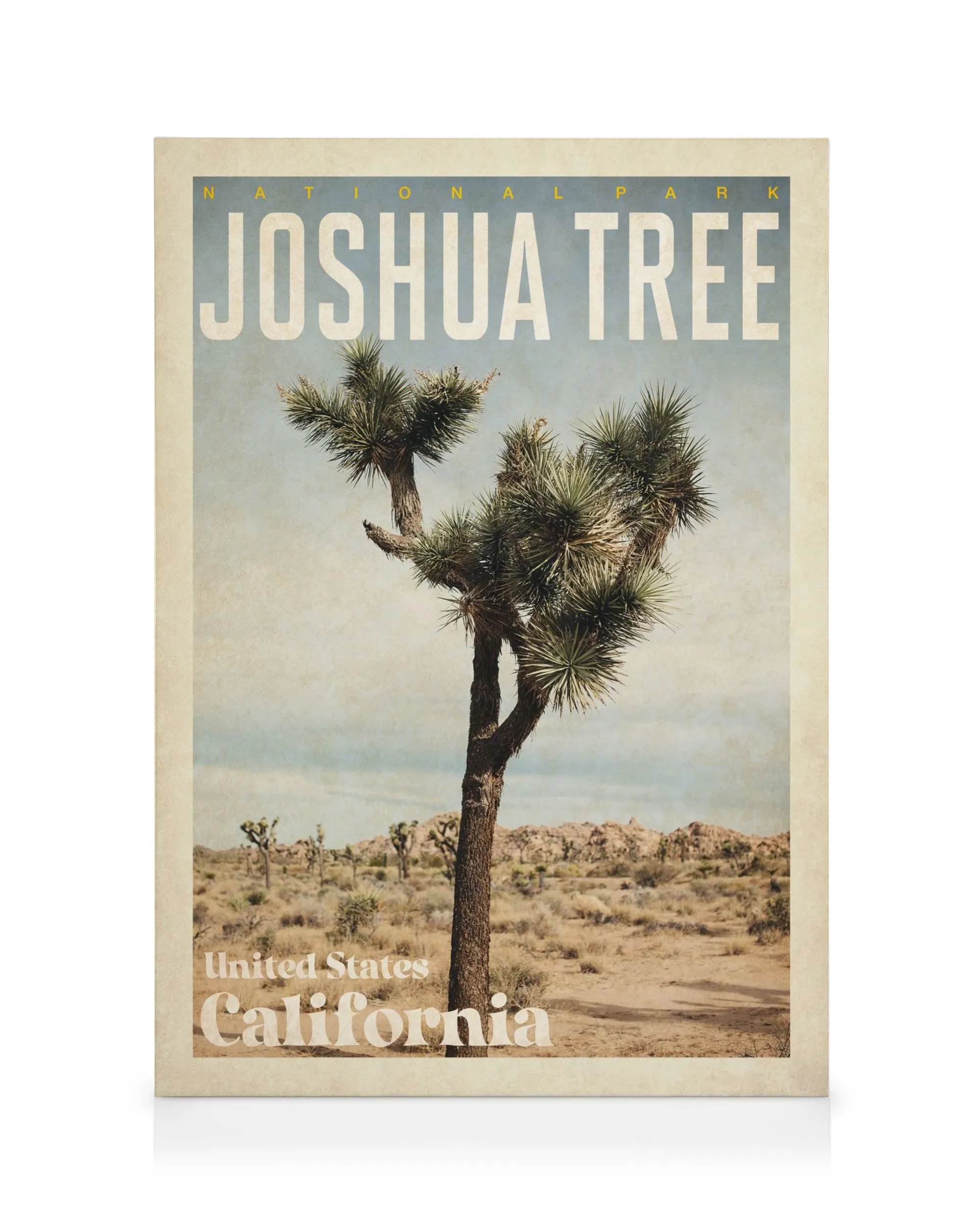 Joshua Tree Nationalpark Leinwandbild, Vintage-Design, Wüstenlandschaft mit Yucca-Palme, Kalifornien