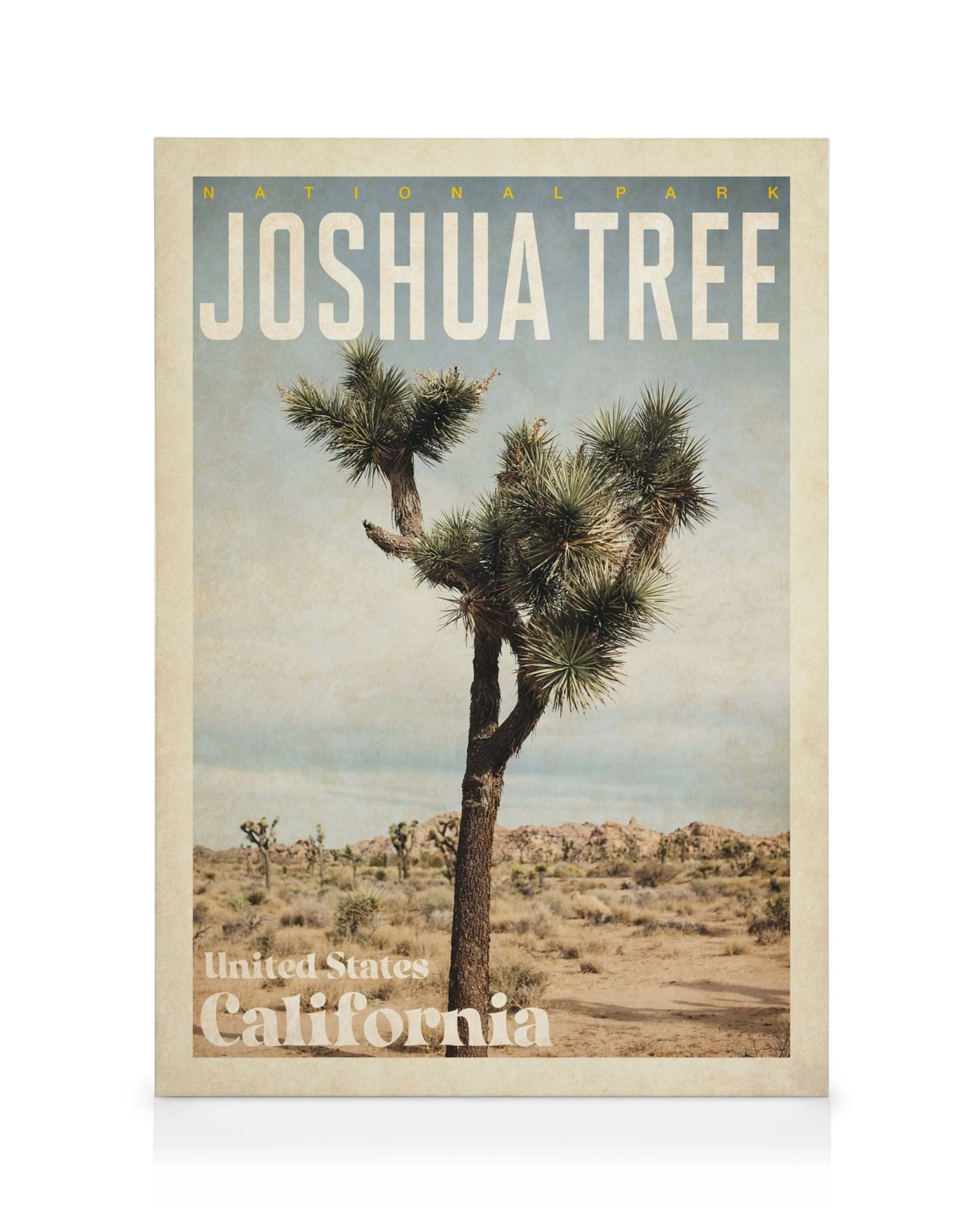 Joshua Tree Nationalpark Leinwandbild, Vintage-Design, Wüstenlandschaft mit Yucca-Palme, Kalifornien