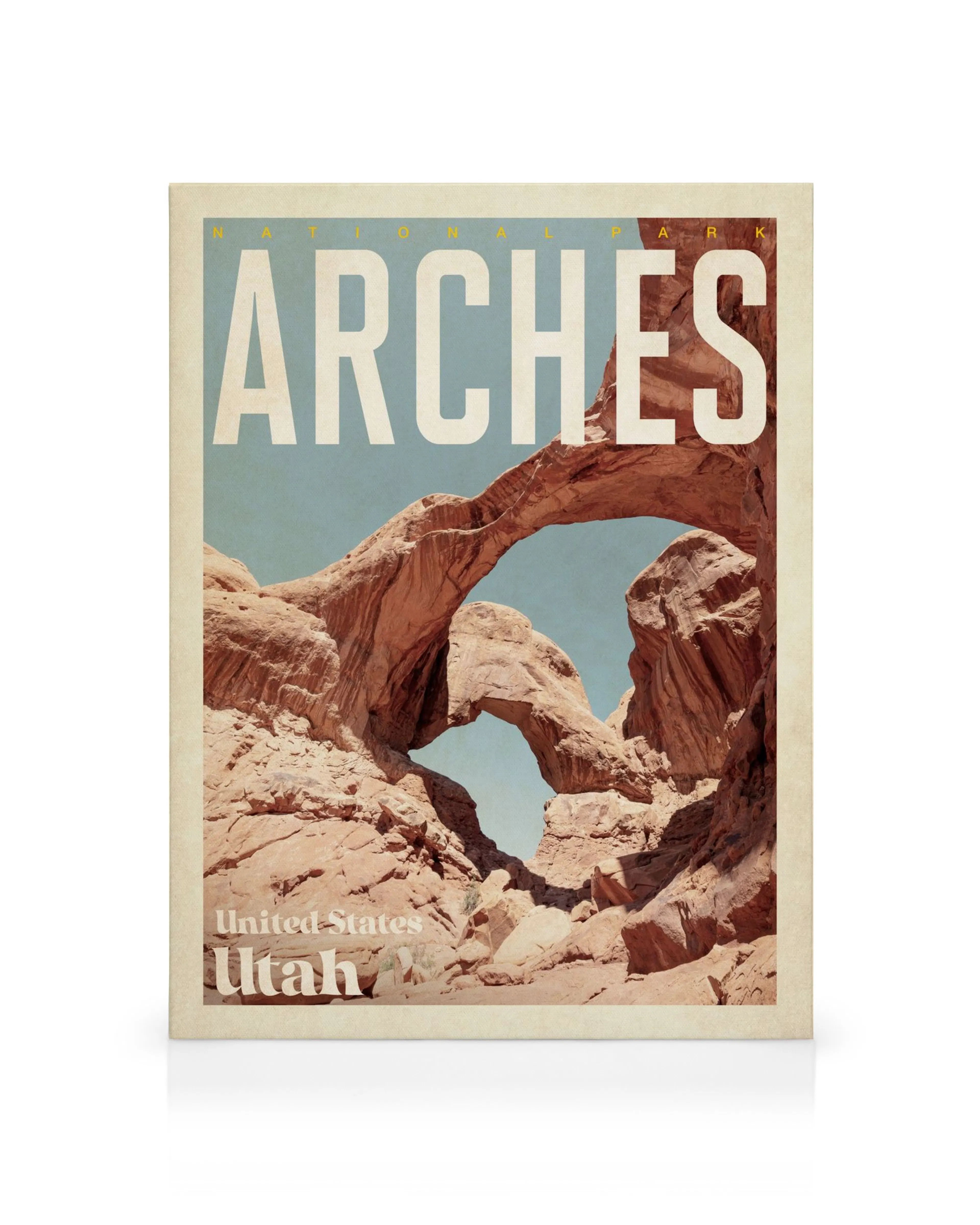 Retro lærred med Arches National Park, Utah, USA. Viser sandstensbuer mod en lys himmel.