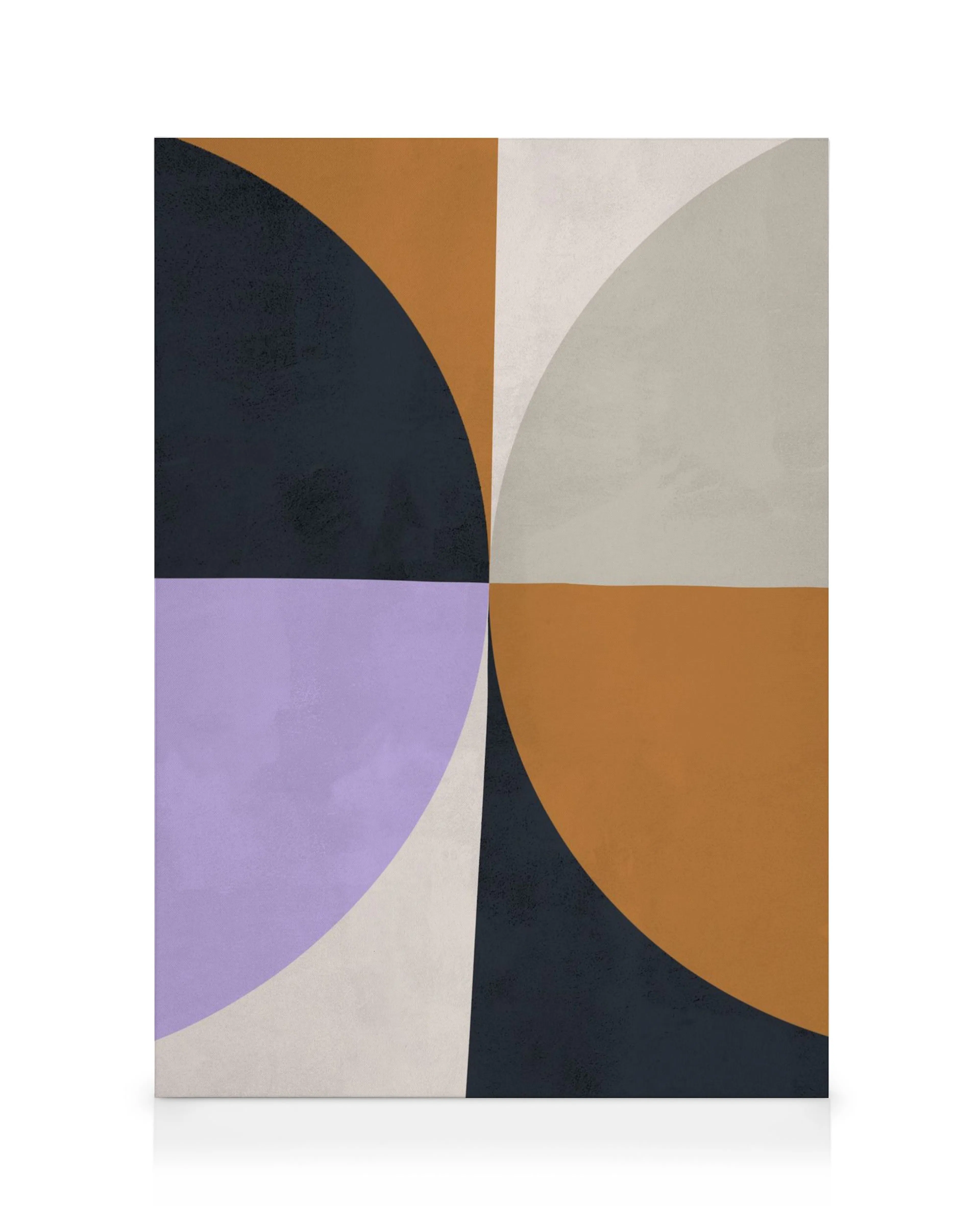Lienzo abstracto con cuatro círculos superpuestos en negro, púrpura, beige y gris, creando un diseño geométrico impactante.