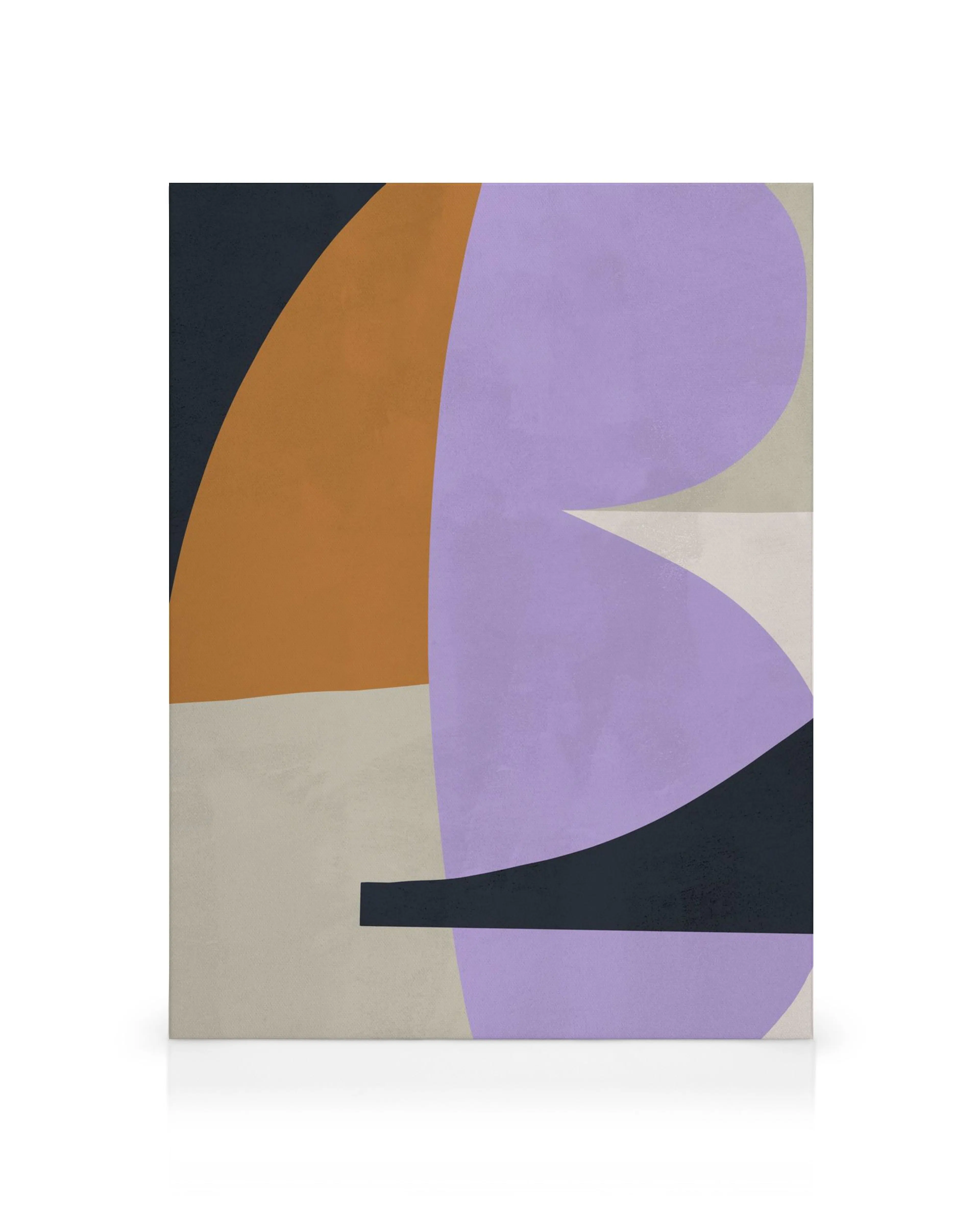 Abstract canvas print with overlapping irregular shapes in black, purple, orange, and beige on a light background.