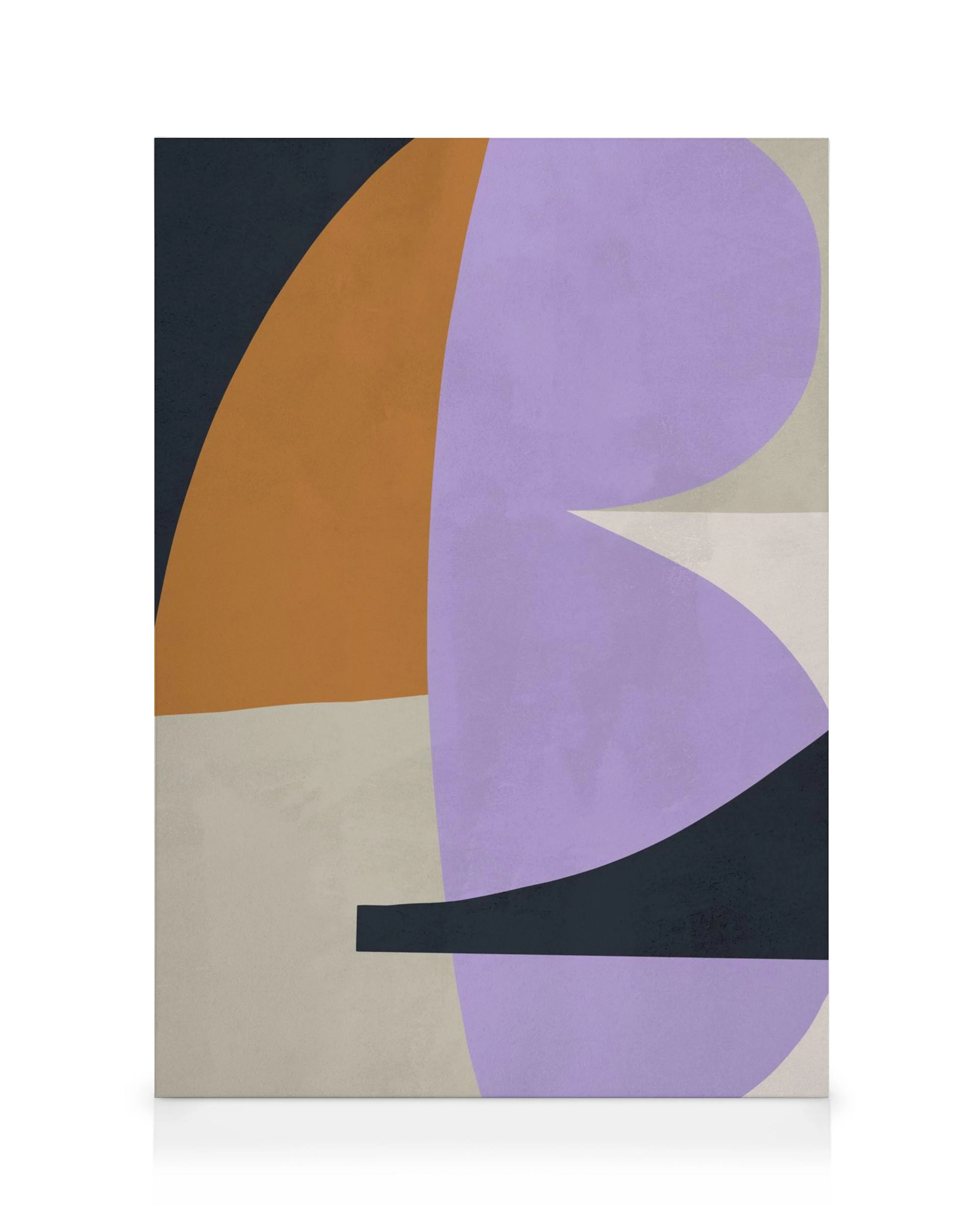 Lienzo abstracto con formas superpuestas en negro, morado, naranja y beige sobre fondo claro, arte de pared moderno.
