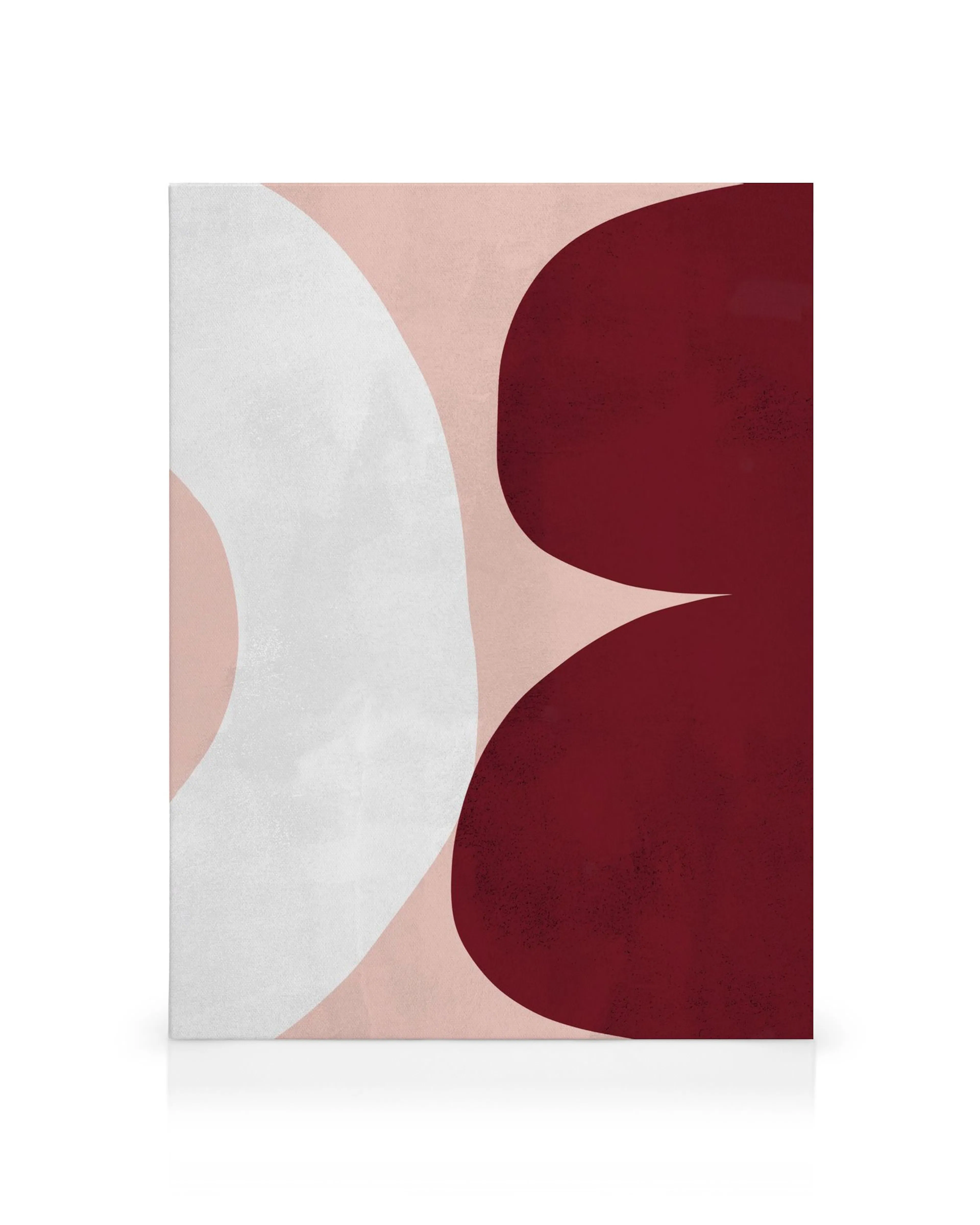 Lienzo abstracto con formas curvas superpuestas en rojo oscuro, rosa y gris sobre fondo blanco.