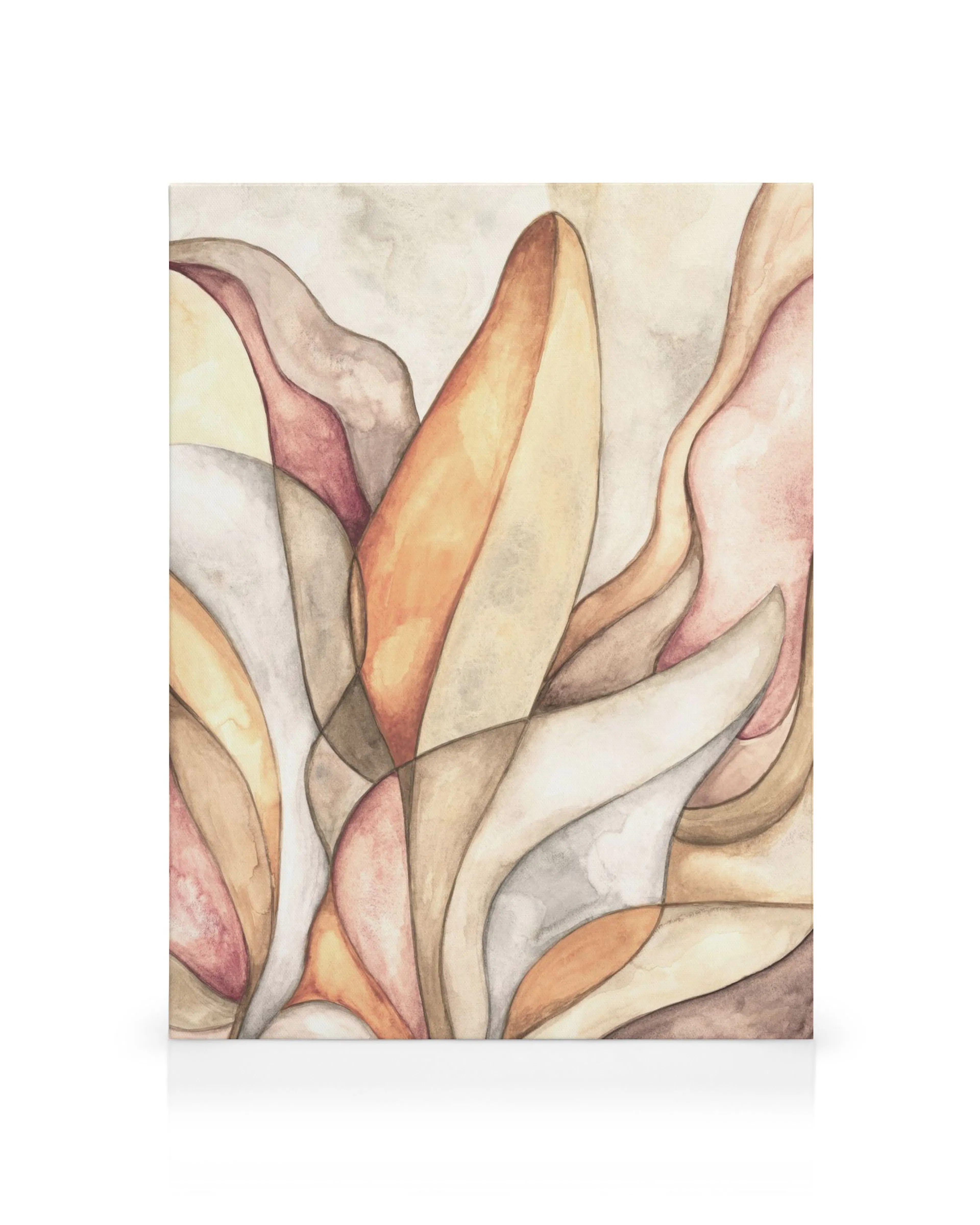 Abstract canvas print with overlapping curved shapes in yellow, orange, pink, gray, and brown resembling leaves.