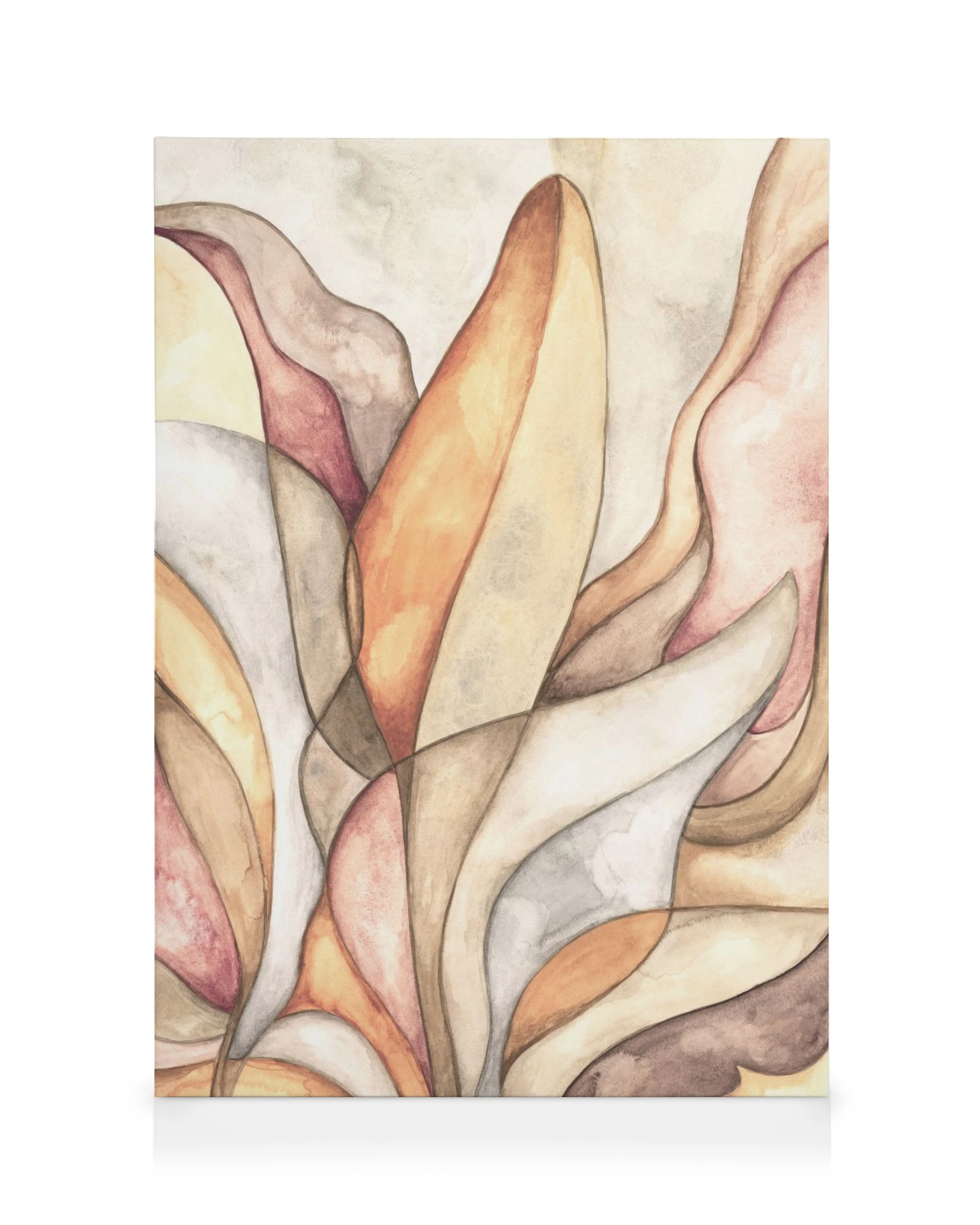 Botanical Shapes No2 lærred med abstrakte, organiske former i varme jordfarver, nuancer af brun, orange, grå og lyserød.