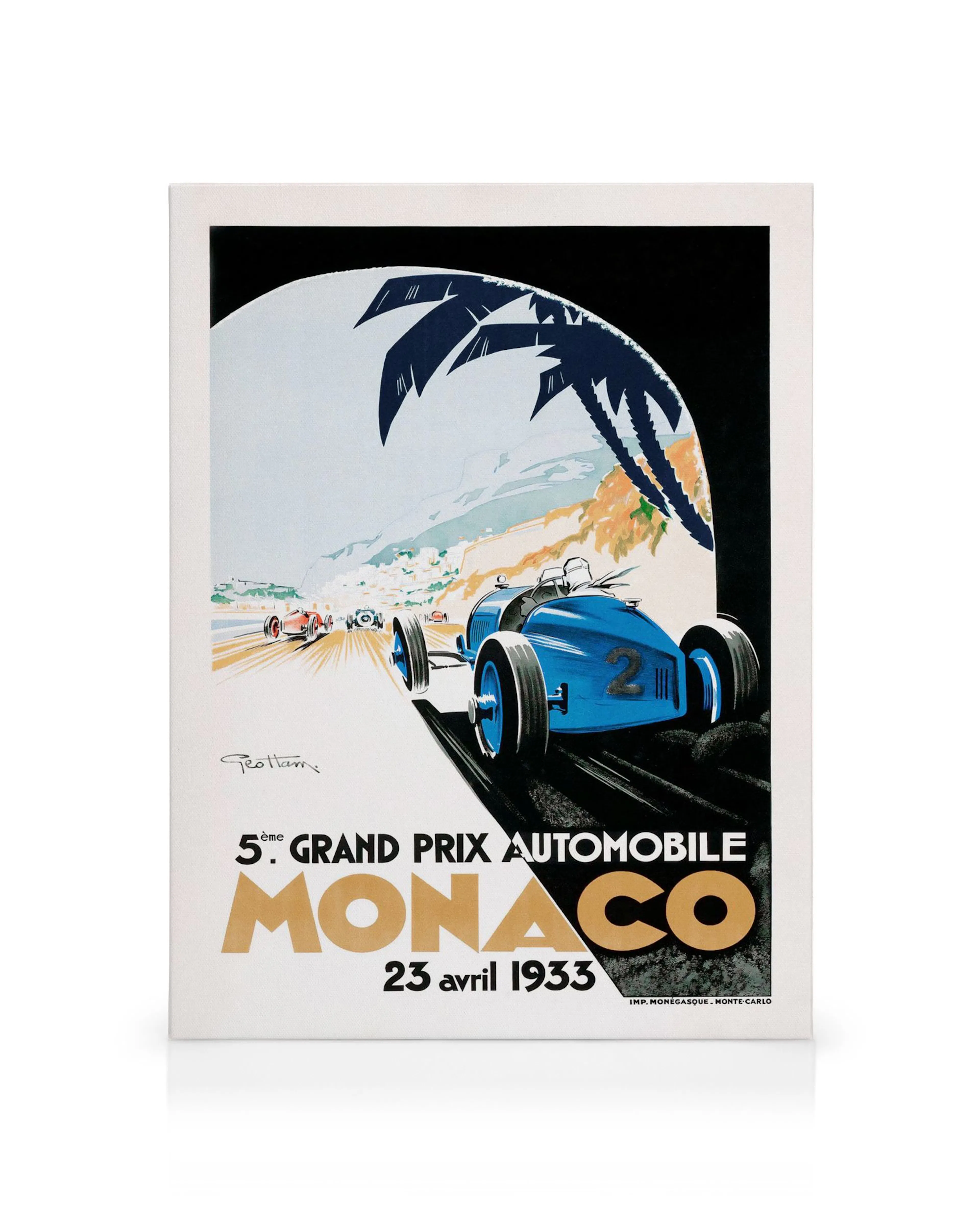 Monaco Grand Prix lærred med vintage racerbil, palmetræer og tekst i art deco-stil.