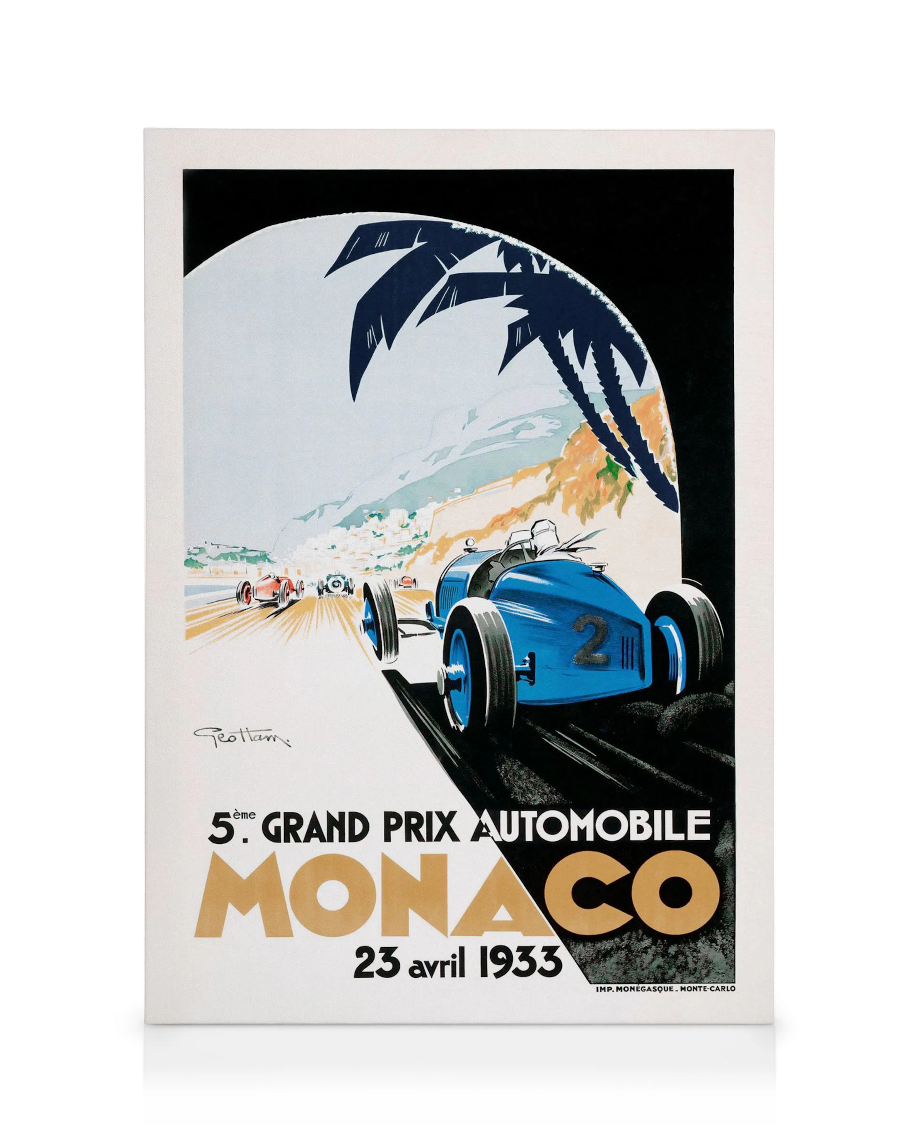 Stampa artistica vintage del Gran Premio di Monaco 1933 con auto da corsa blu su pista, palme e testo.