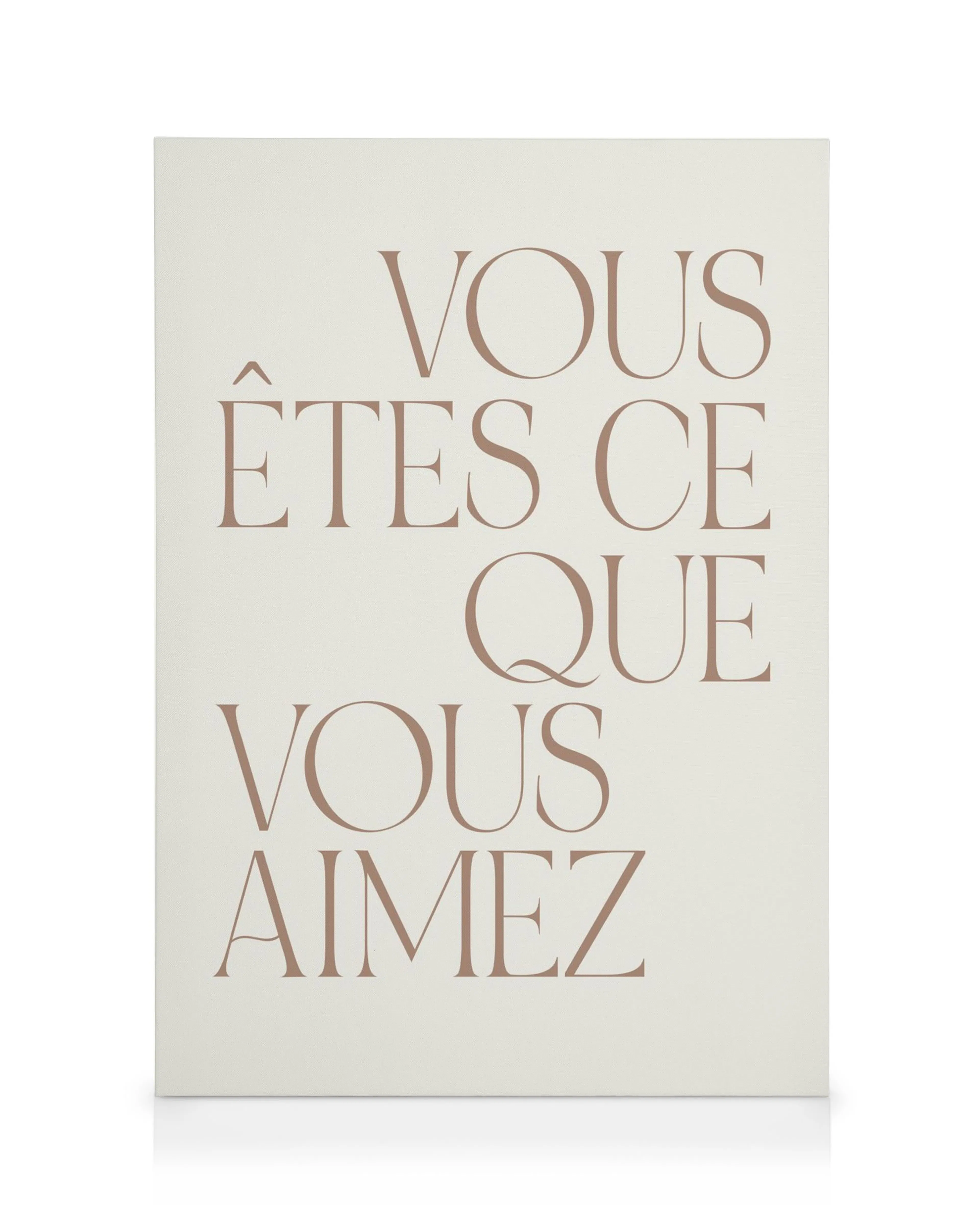 Leinwandbild mit französischem Schriftzug Vous êtes ce que vous aimez in Braun auf hellem Hintergrund, minimalistisches Design.