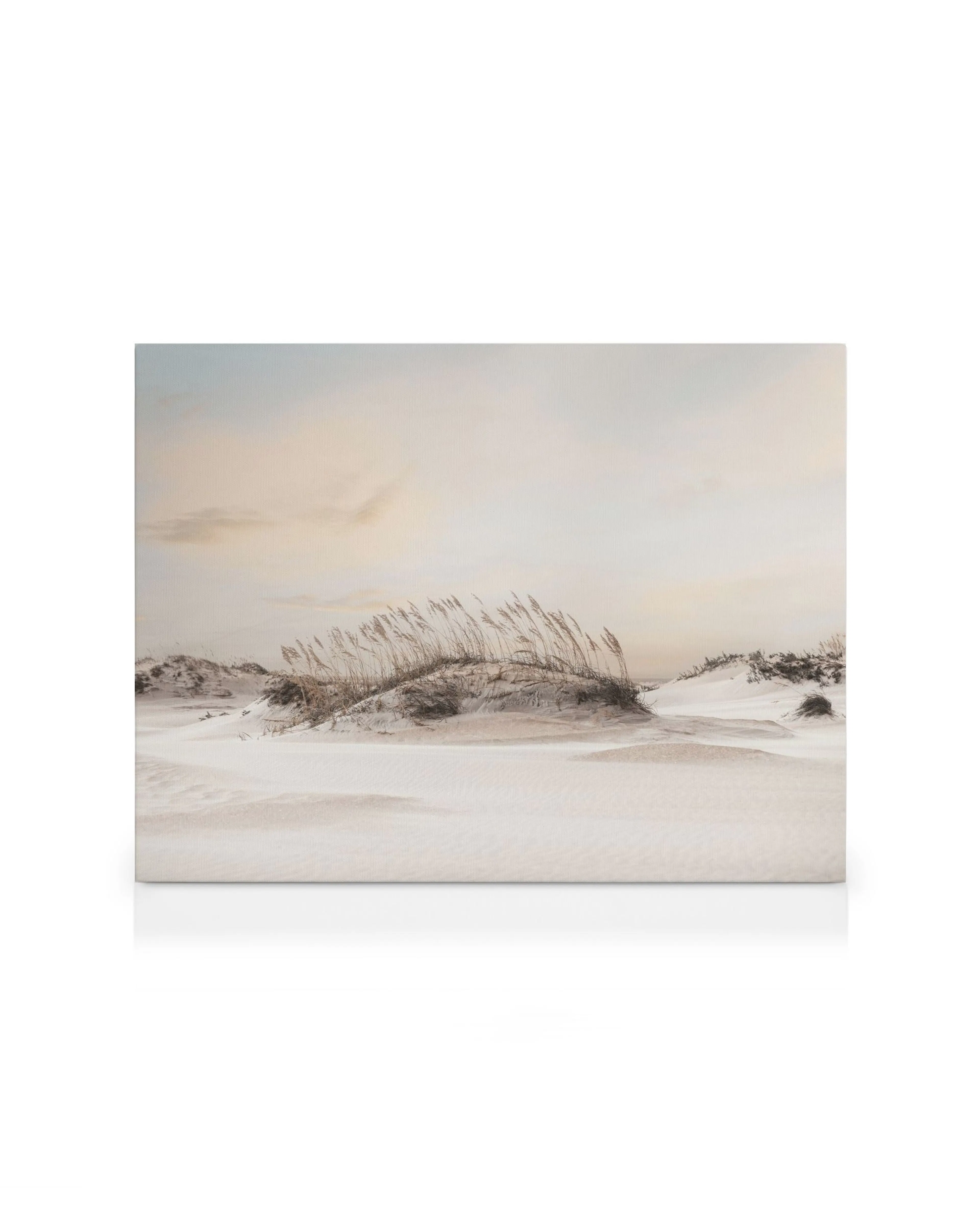 Canvas print of sand dunes with dry grass and subtle patterns under a pale blue sky, calming neutral tones.