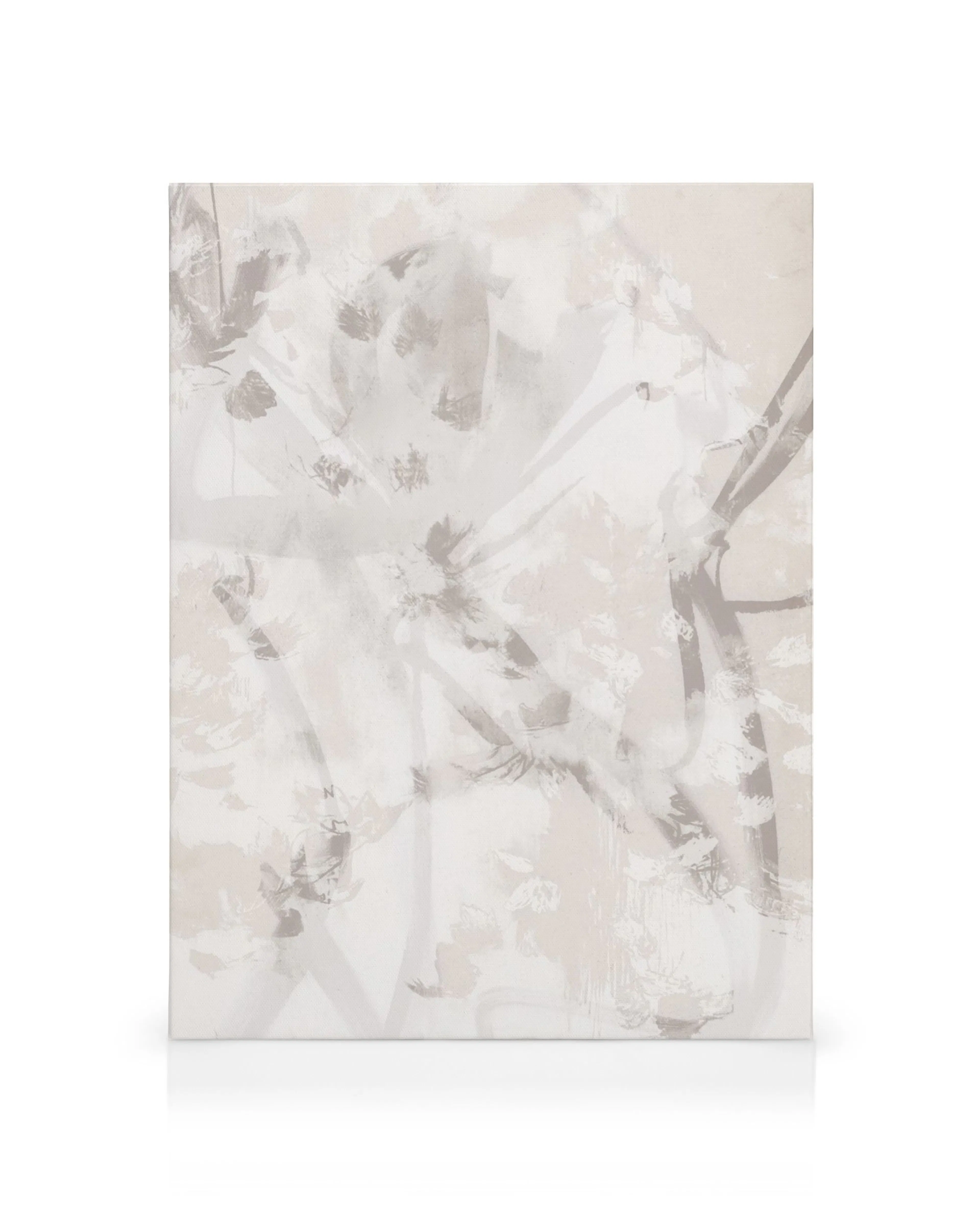 Neutral abstract canvas print with white and grey brushstrokes, creating a layered and textured wall art design.