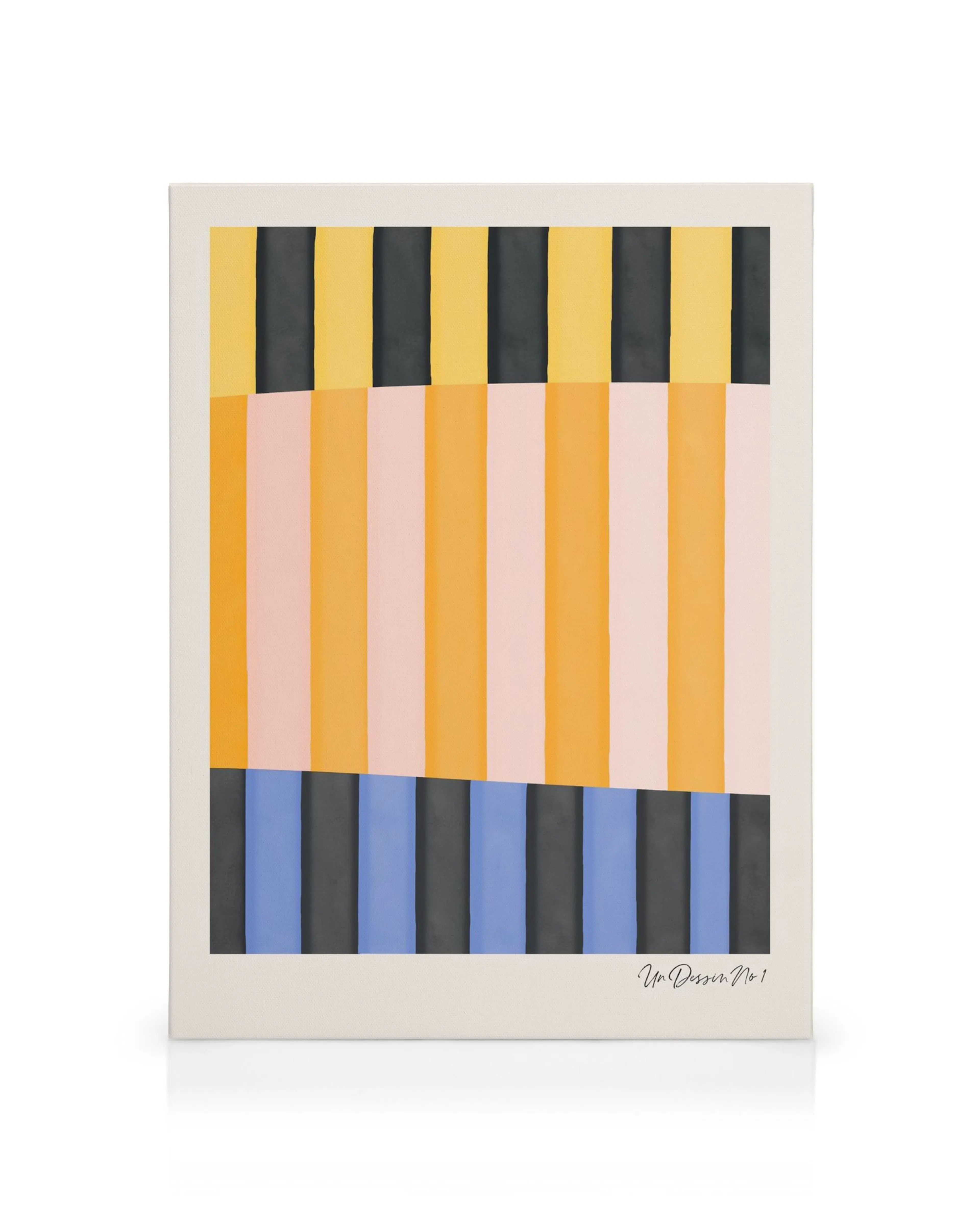 Leinwandbild Un Dessin No1 mit vertikalen Streifen in Gelb, Orange, Rosa und Blau auf schwarzem Hintergrund.