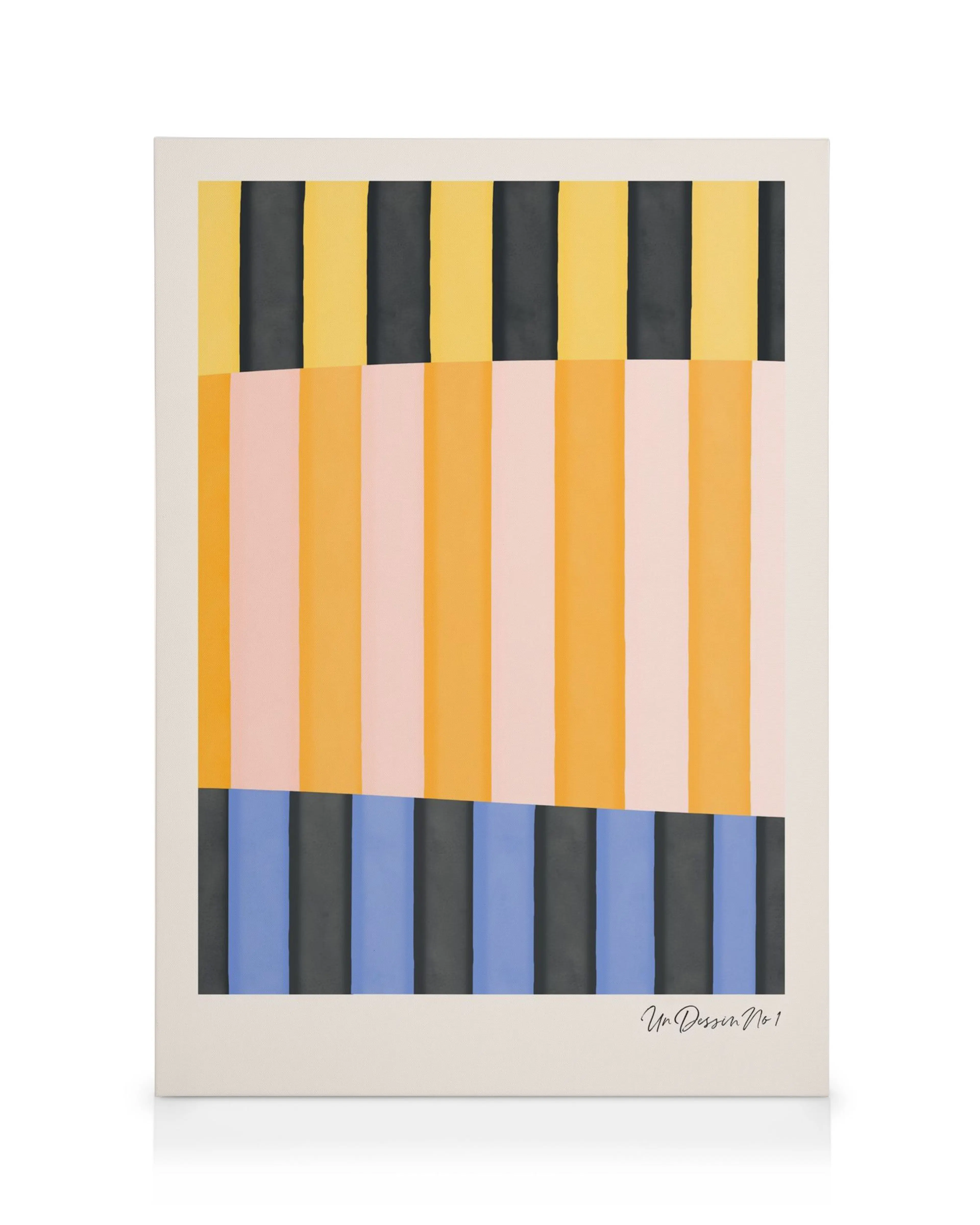 Lienzo abstracto Un Dessin No1 con rayas verticales amarillas, naranjas y azules, sobre fondo blanco, con textura suave.
