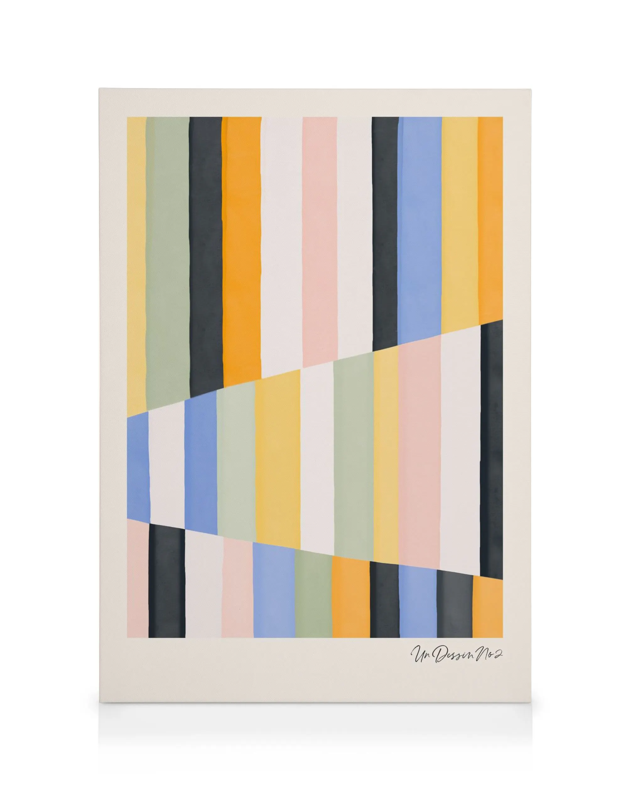 Canvas met verticale en diagonale strepen in zwart, groen, roze, blauw en geel.