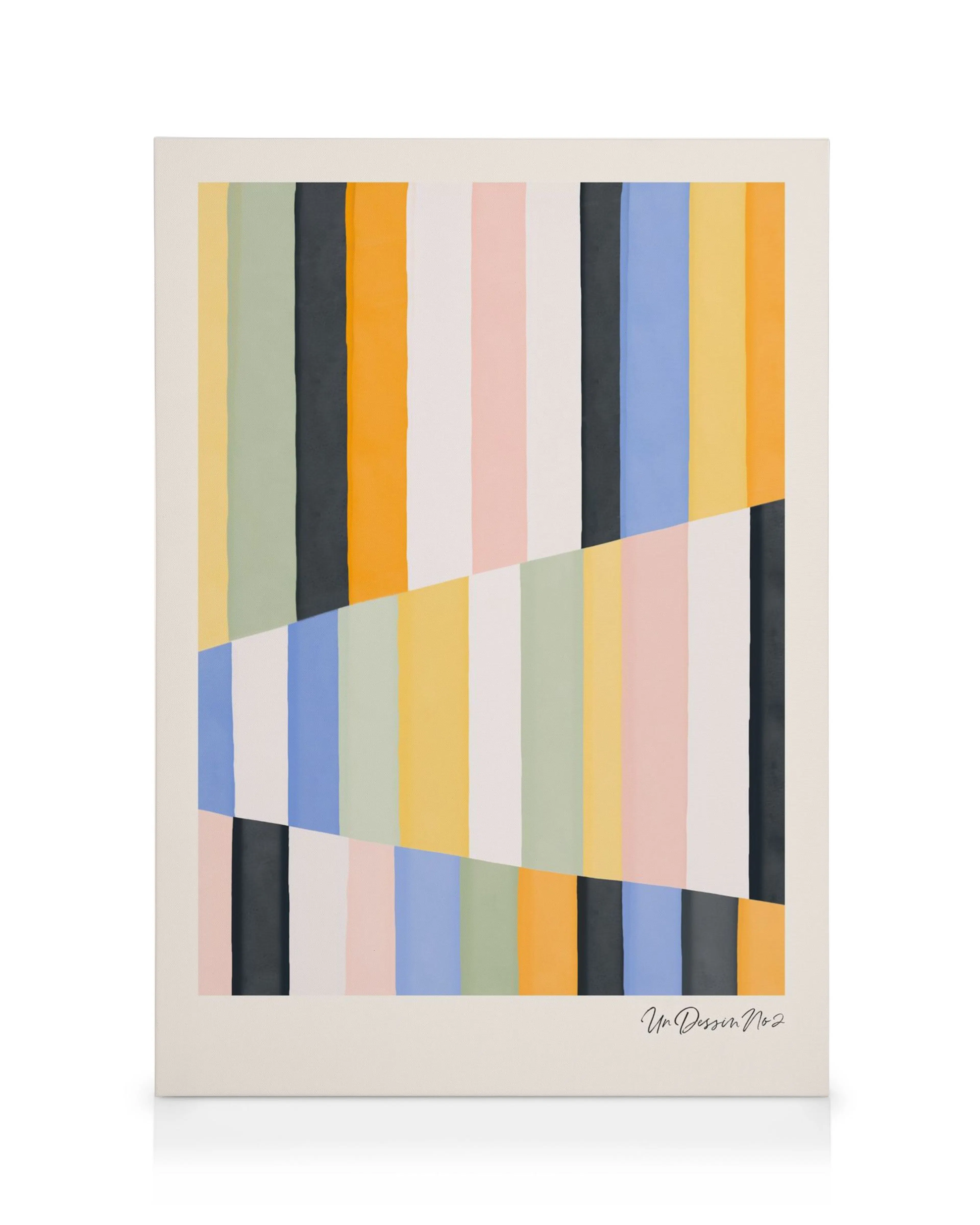 Lienzo abstracto de Un Dessin No2 con rayas verticales y diagonales en negro, verde, rosa, azul y amarillo, ideal para decoració