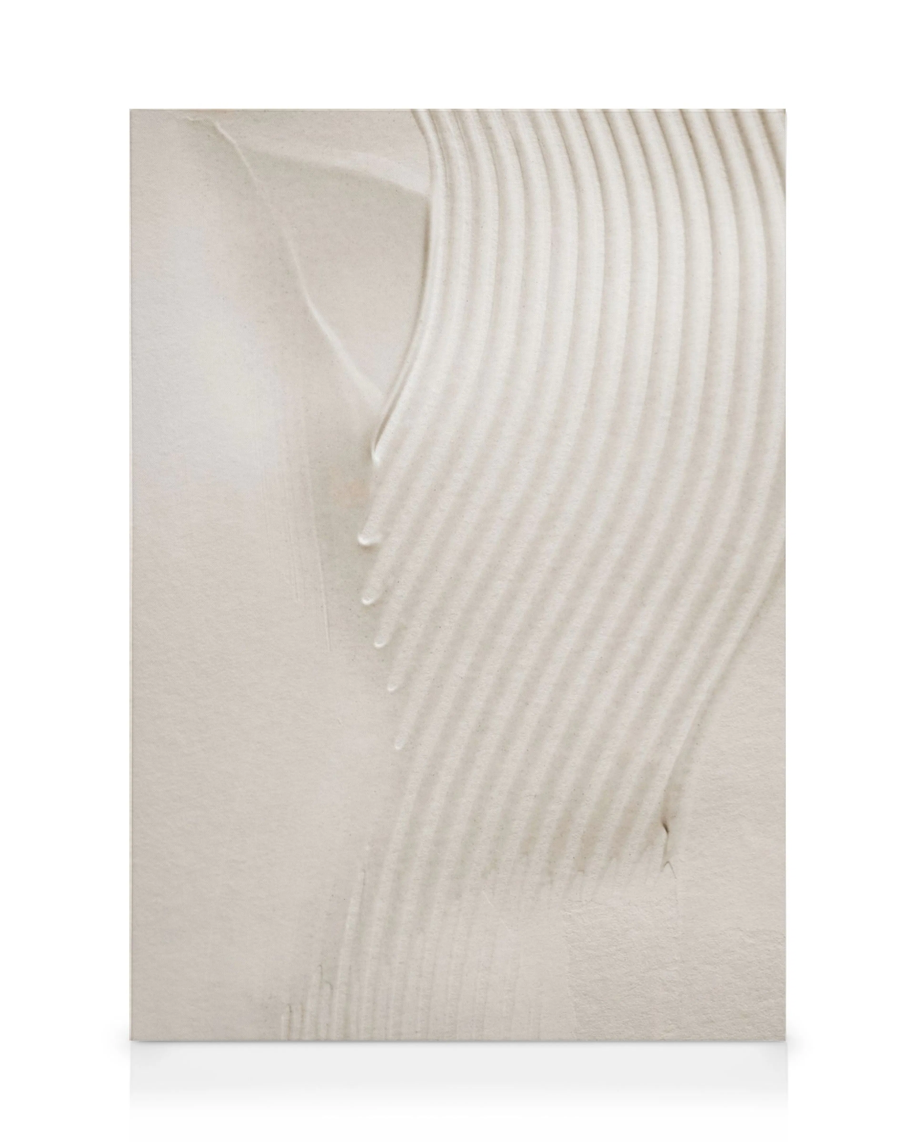 Beige canvas with textured waves and linear patterns, evoking sand dunes or flowing fabric.