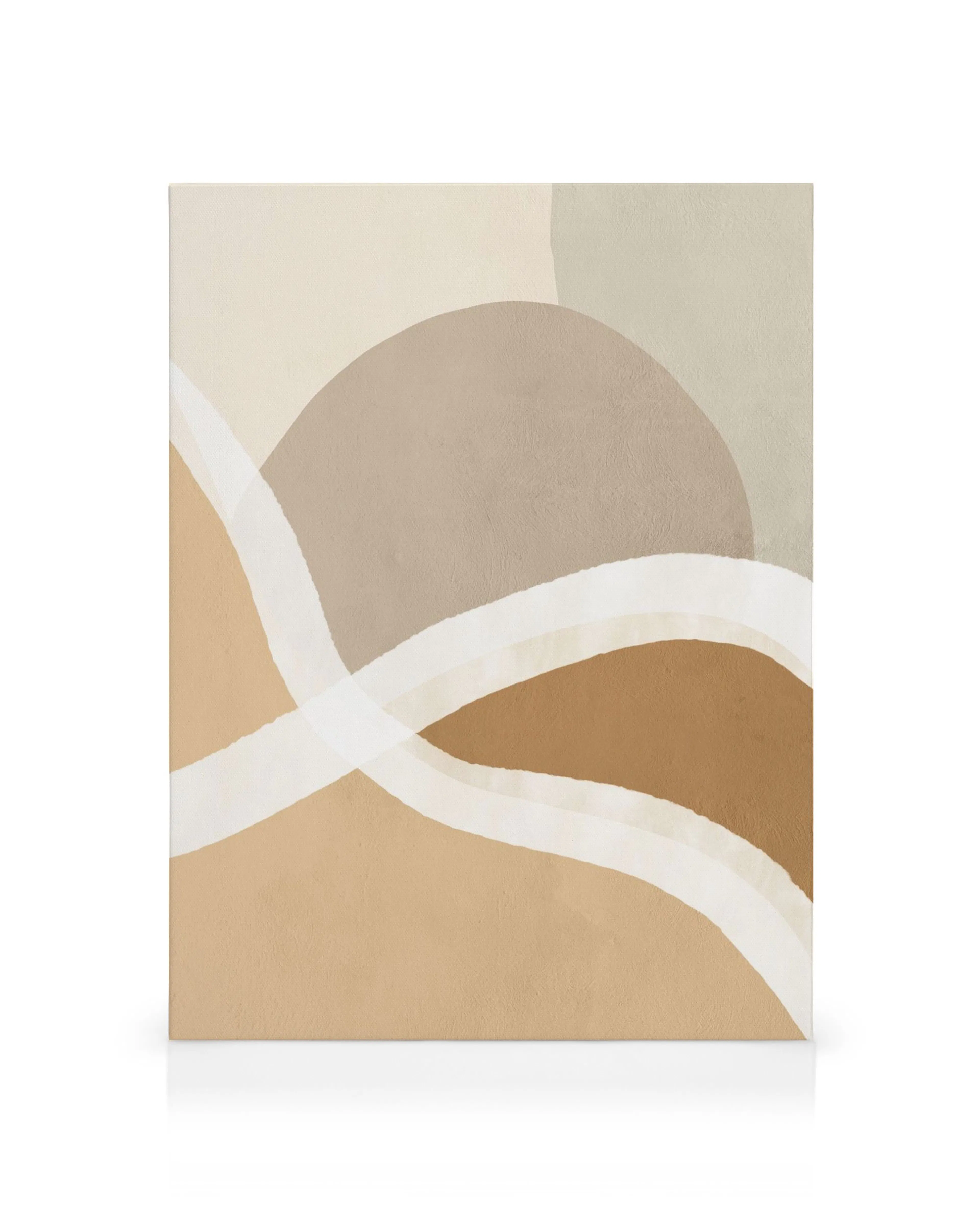 Abstrakt canvastavla med djärva vita linjer som korsar beige, taupe och bruna fält, med en stor brun cirkel i mitten.