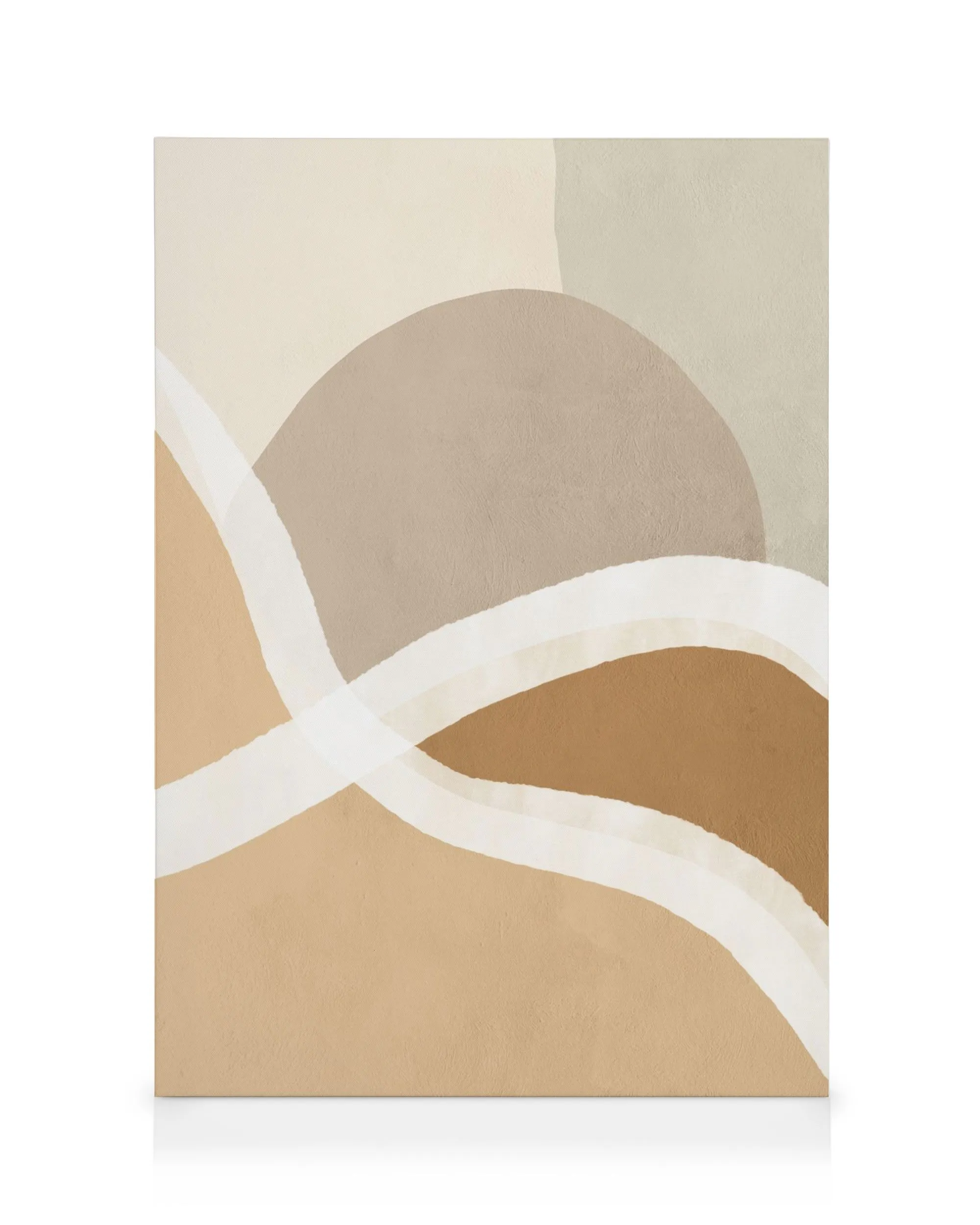 Abstraktes Leinwandbild mit warmen Beige-, Taupe- und Brauntönen, kombiniert mit geschwungenen weißen Linien und einem braunen K