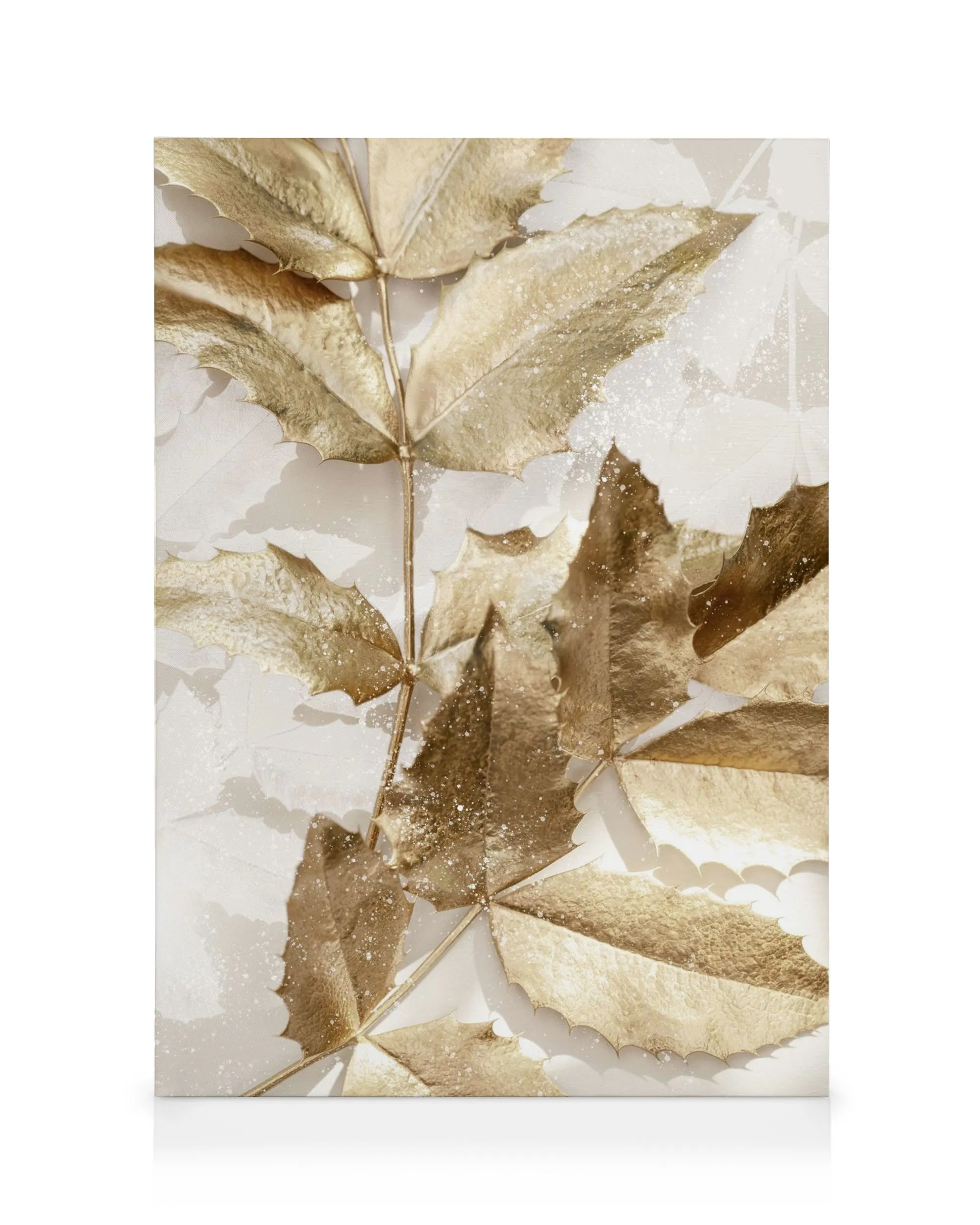 Golden leaves canvas print with shimmering gold and glitter accents on a white background, creating glamorous wall art.