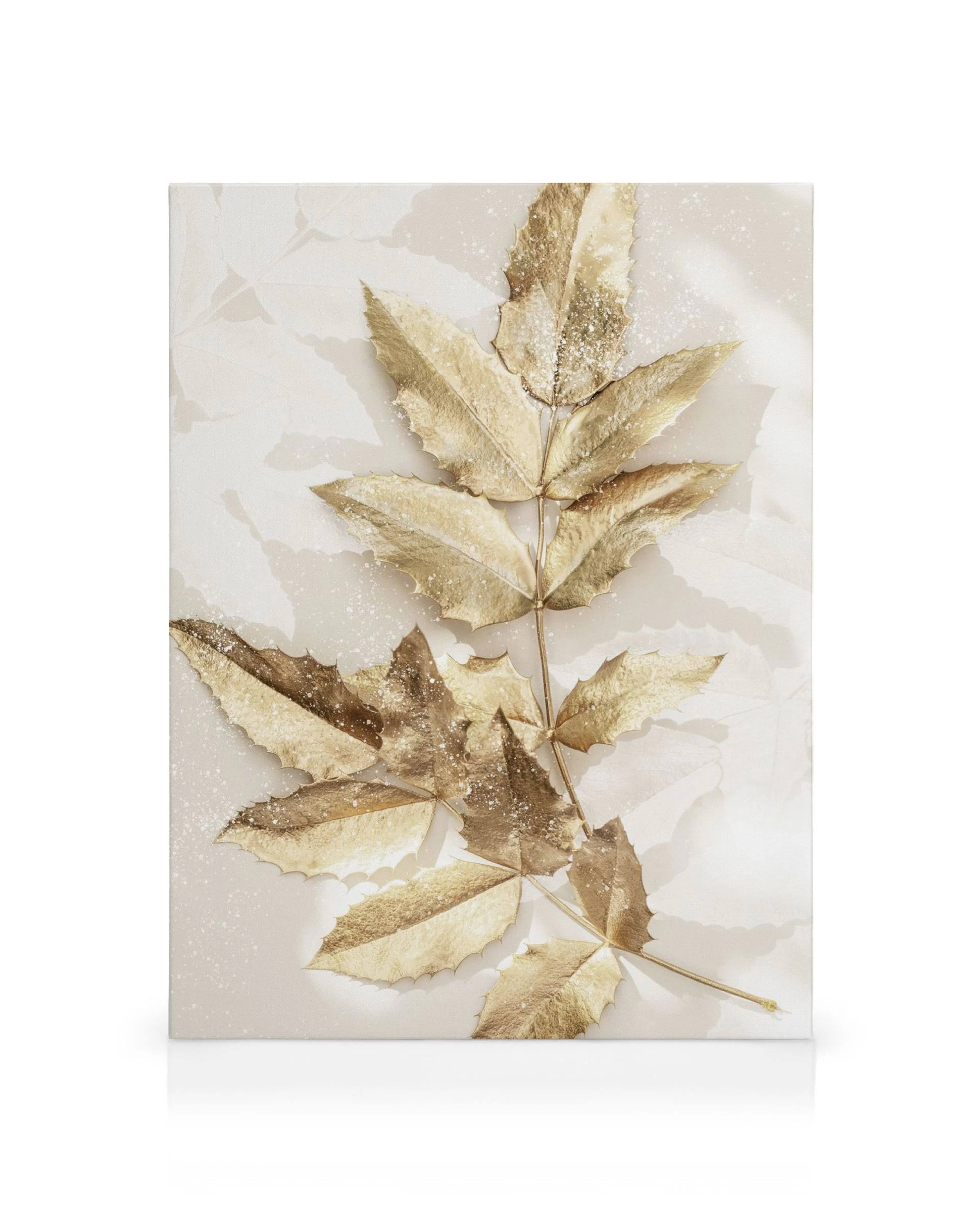 Gouden bladeren op crème achtergrond canvas, met een takontwerp en sprankelende accenten voor glamour wanddecoratie