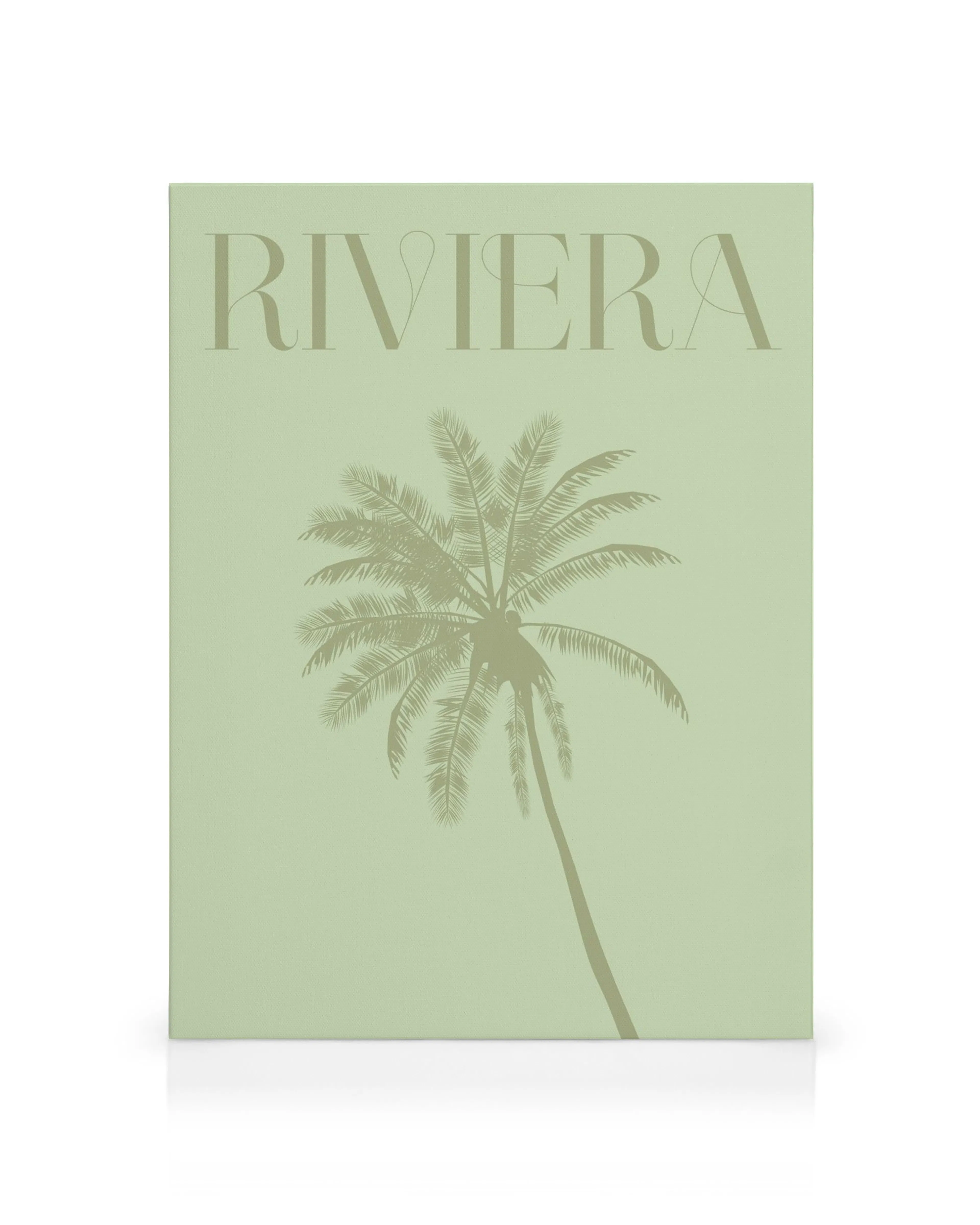 Riviera canvas met palmboom silhouet op lichtgroene achtergrond, tropische woondecoratie.