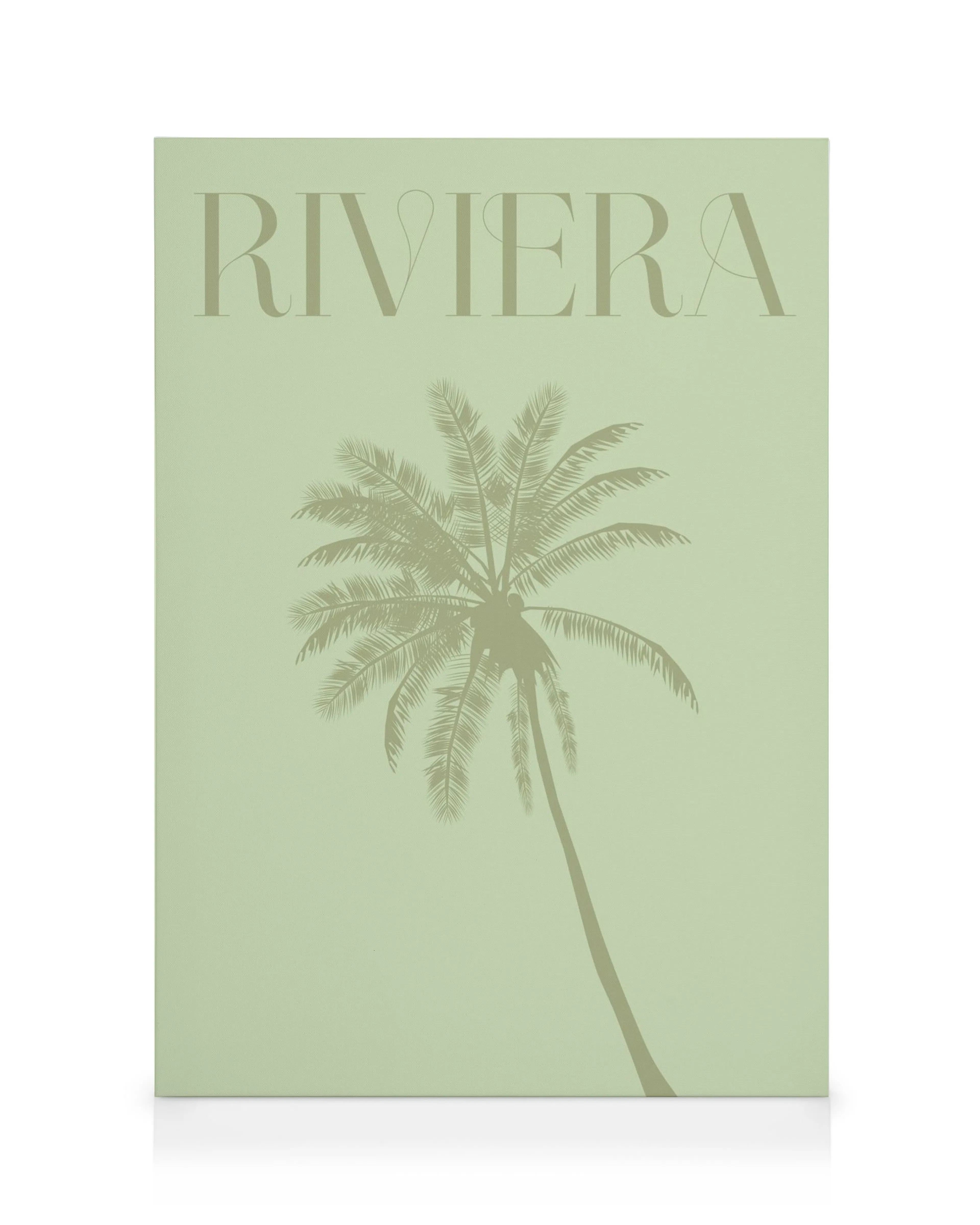 Riviera canvas met palmboom silhouet op lichtgroene achtergrond, tropische woondecoratie.