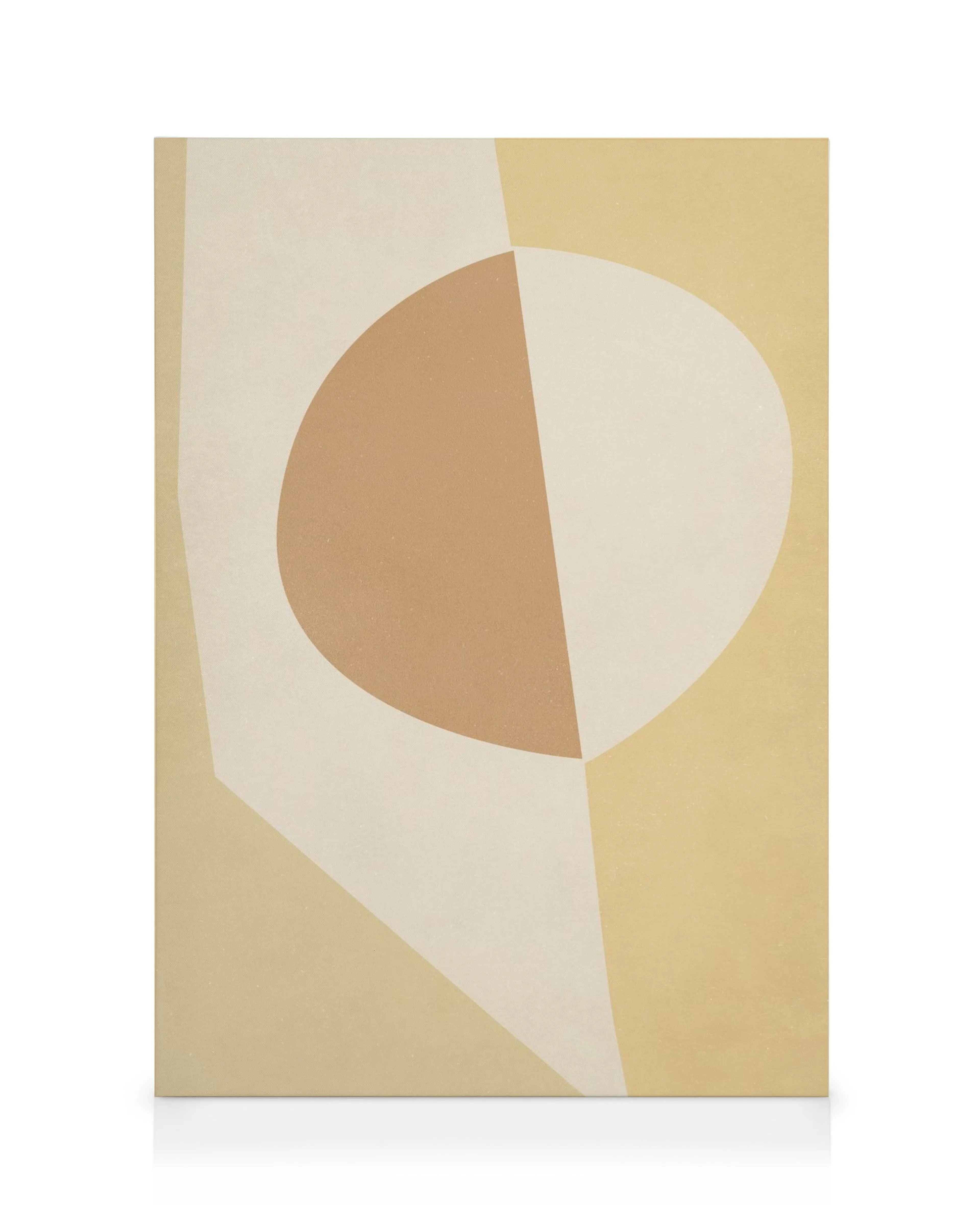 Pastellfarget lerretsbilde med delt sirkel i beige og krem på gul bakgrunn, moderne kunst.