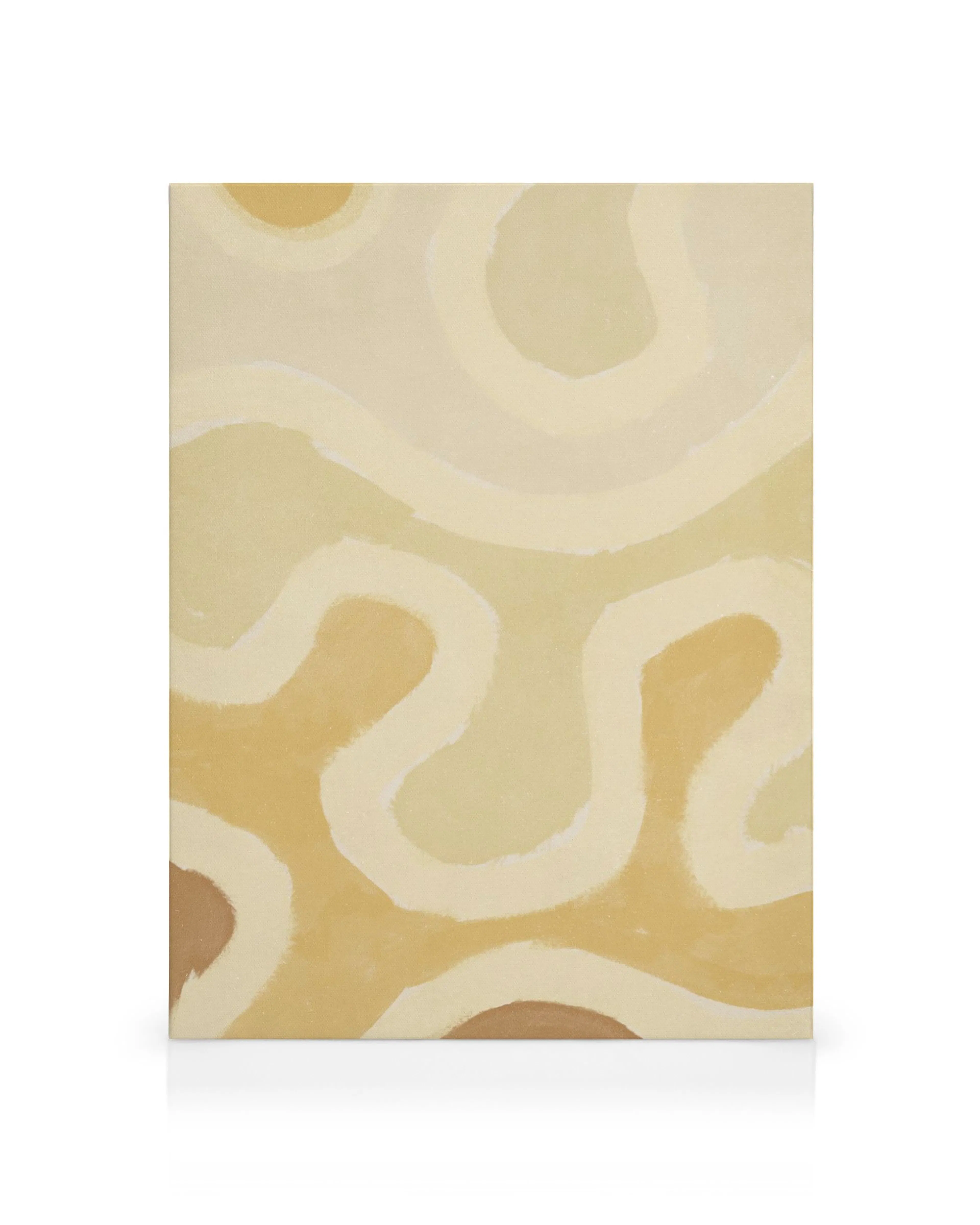 Abstracte canvas met zachte, overlappende vormen in warme gele, beige en bruine tinten op crèmekleurige achtergrond. Muurdecorat