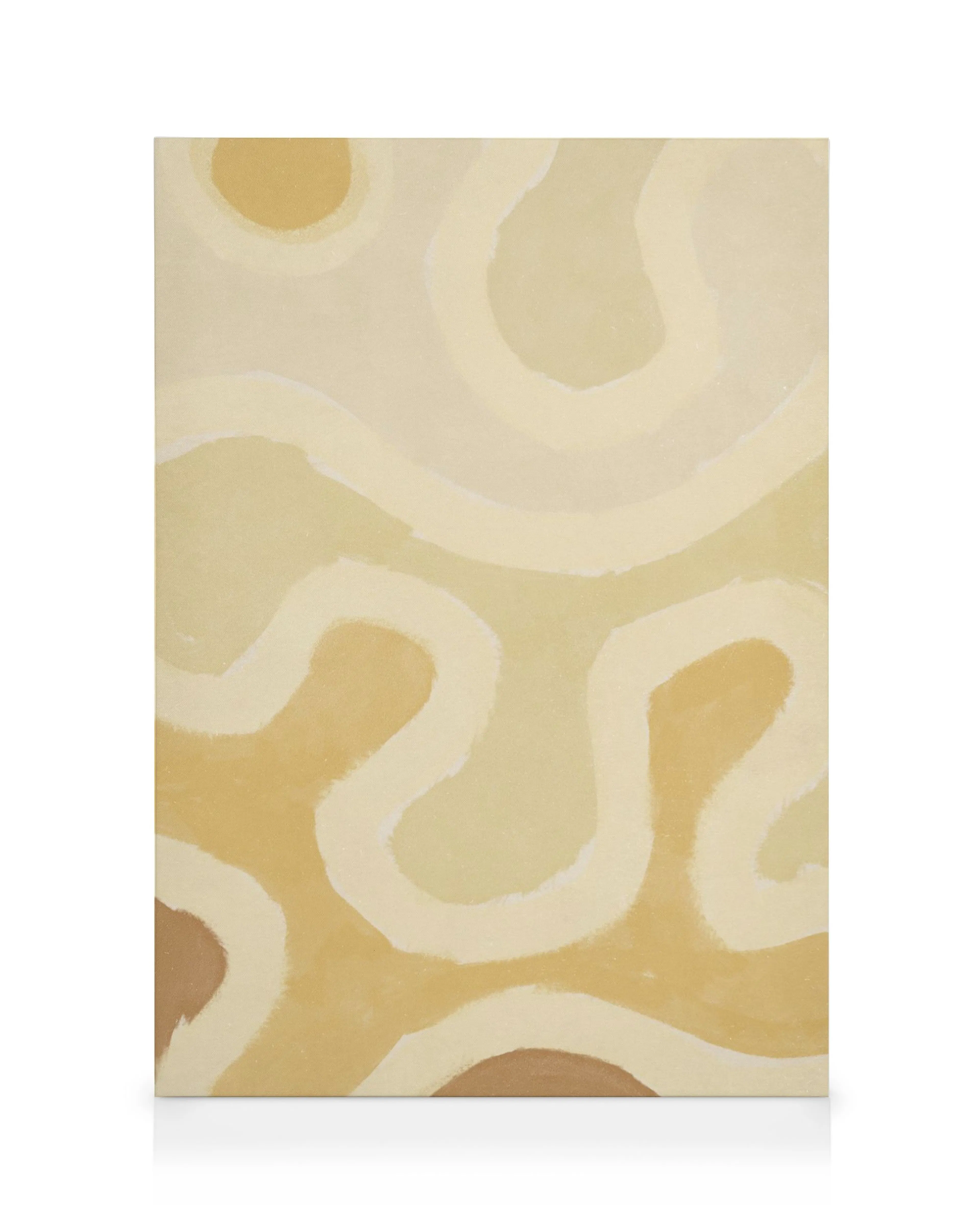 Abstract canvas print with soft, overlapping shapes in warm yellow, beige, and brown hues on a cream background.