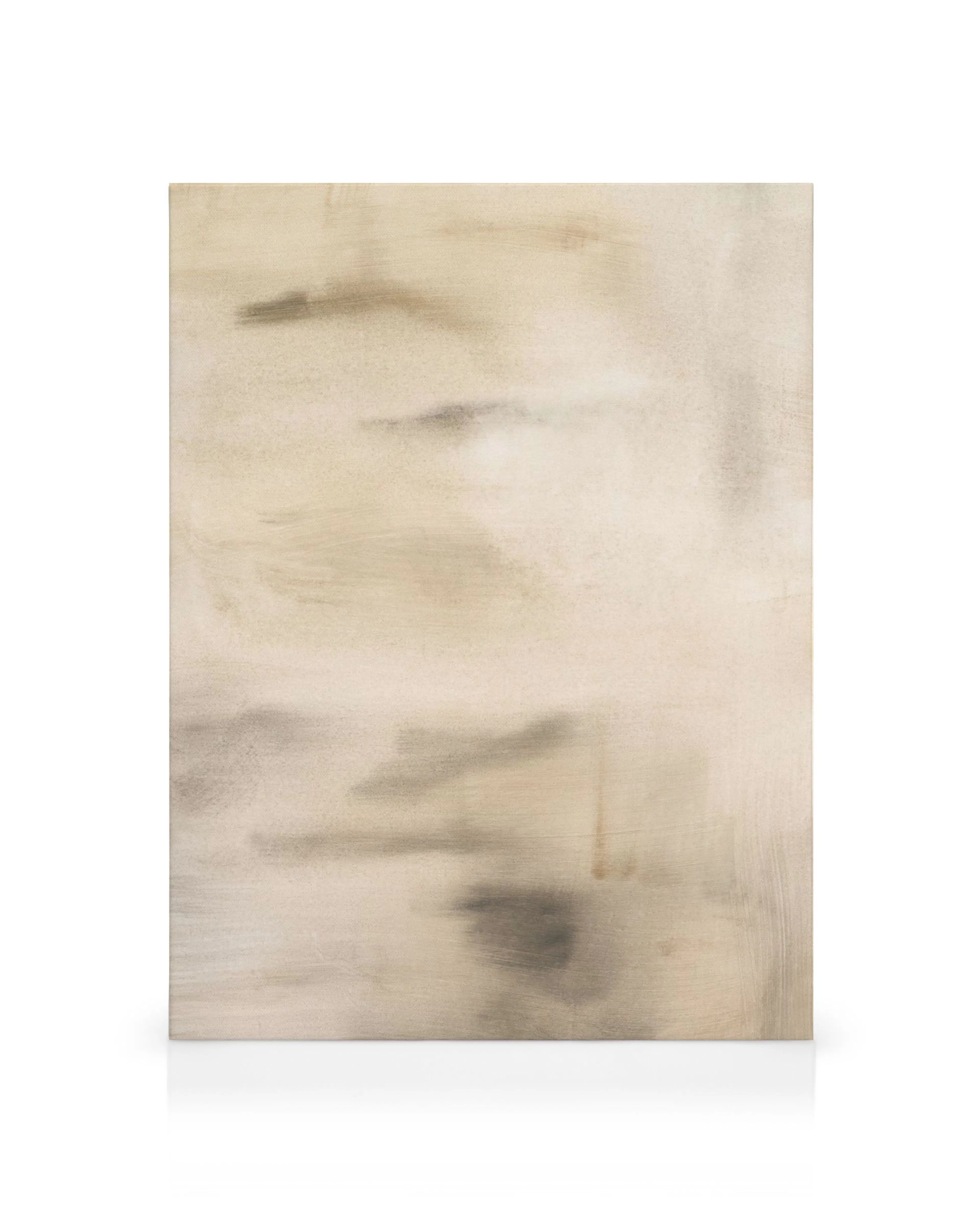 Toile abstraite beige avec des touches floues marron et grises, typographie moderne.