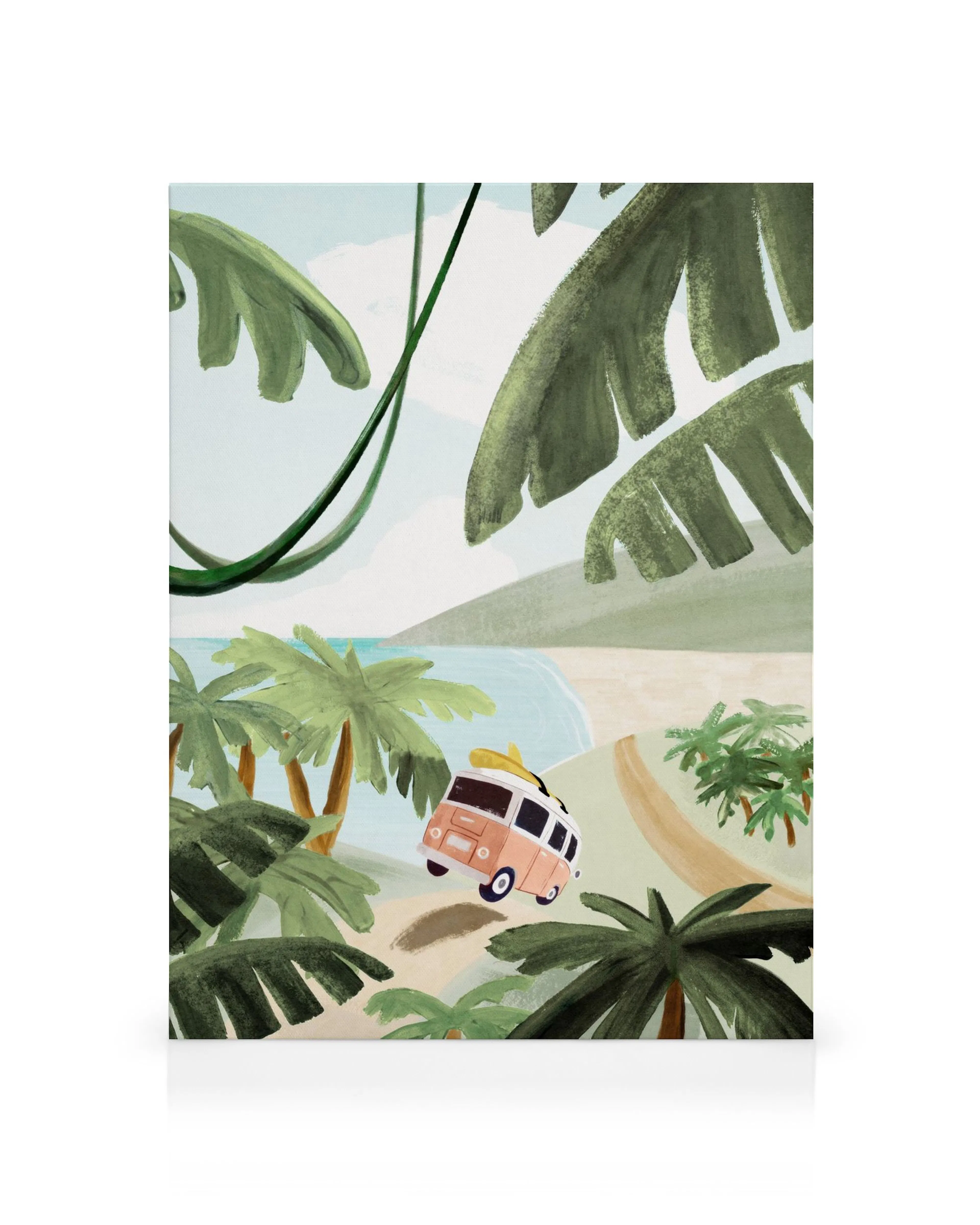 Canvas strandtafereel met groene palmbladeren, oranje camper met gele surfplank, blauw water en beige zand.