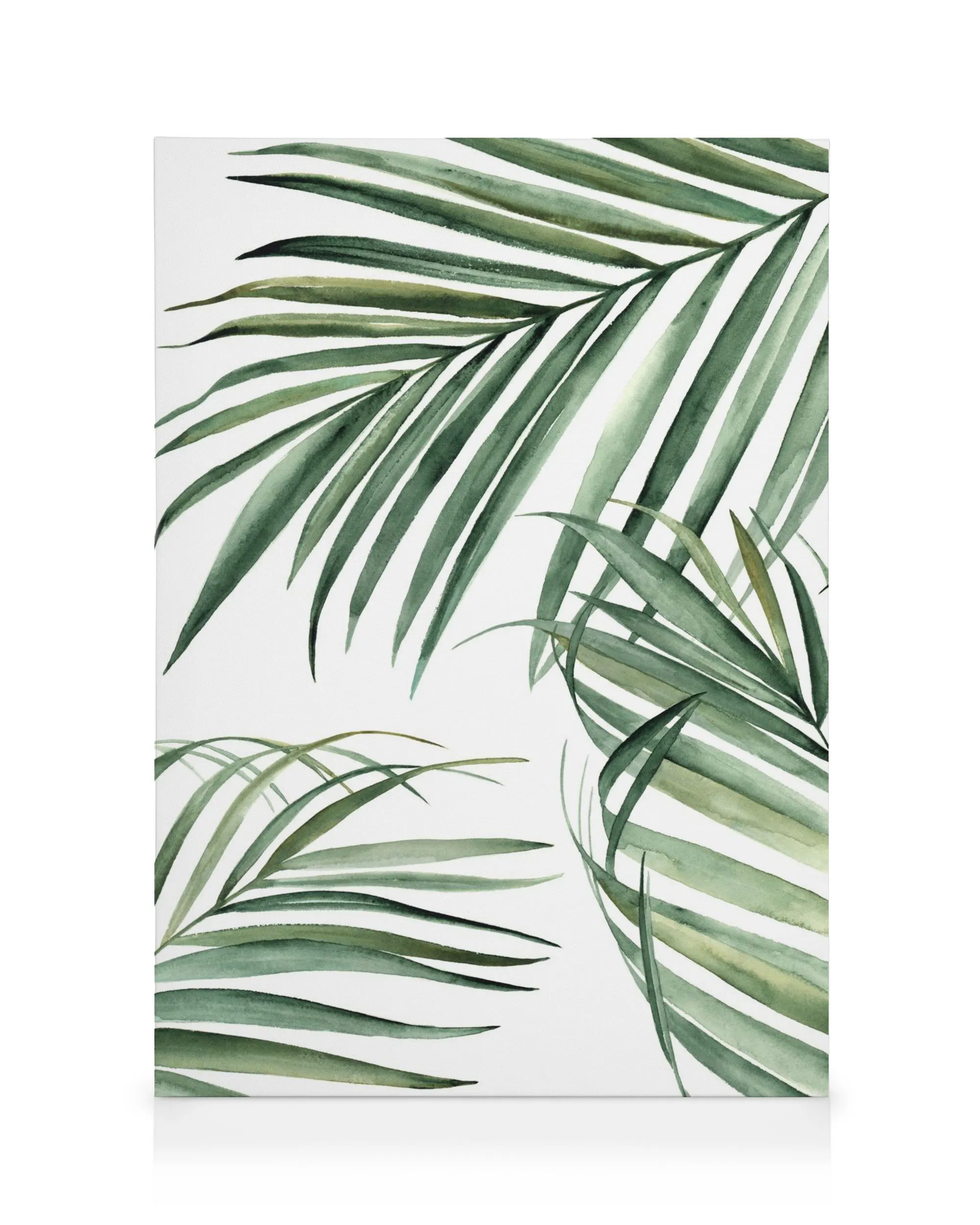 Leinwandbild mit gemalten, grünen Palmblättern auf weißem Hintergrund, tropisches Design.