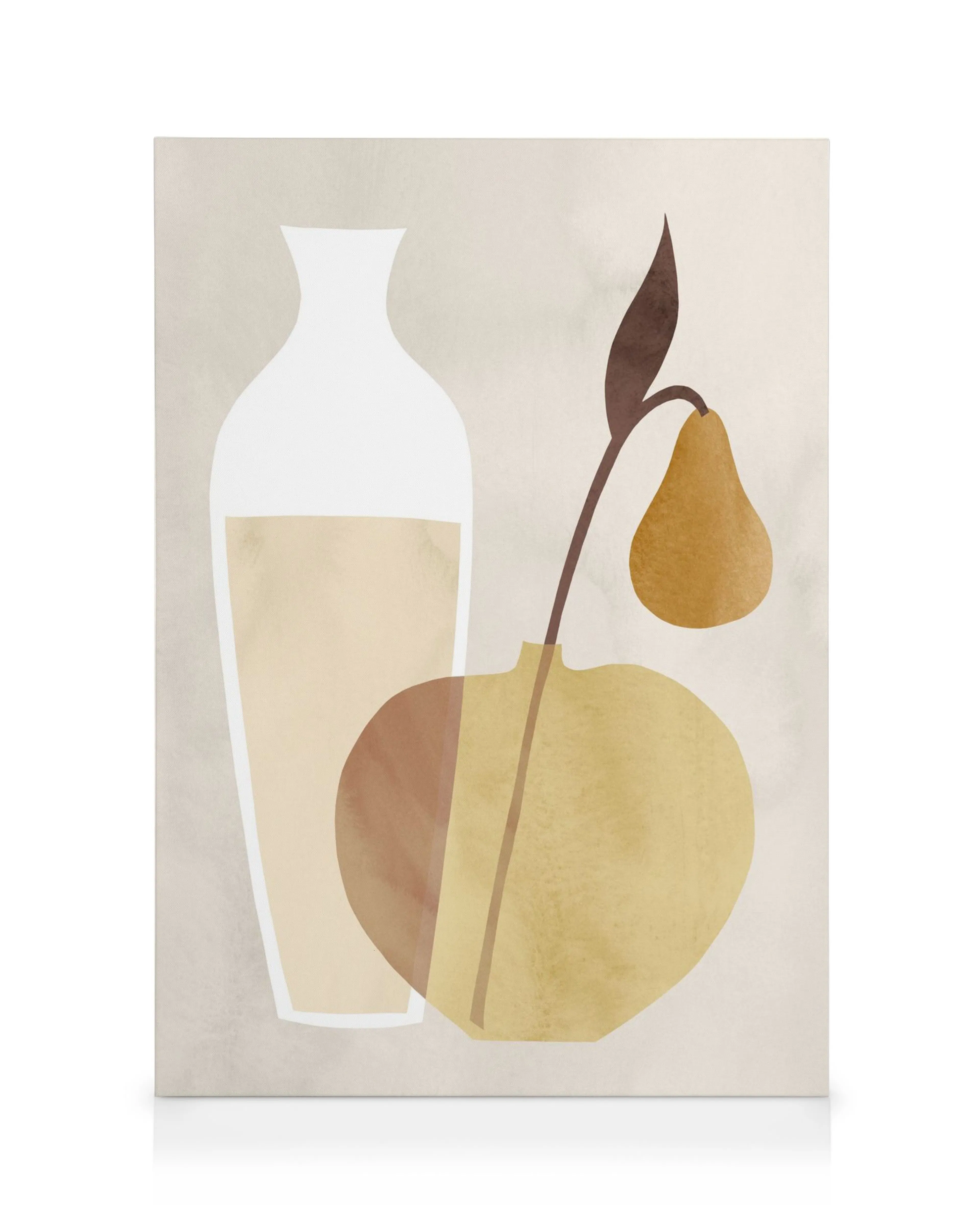 Abstract canvas print with white vase and earthy tones, featuring a golden pear and organic shapes.
