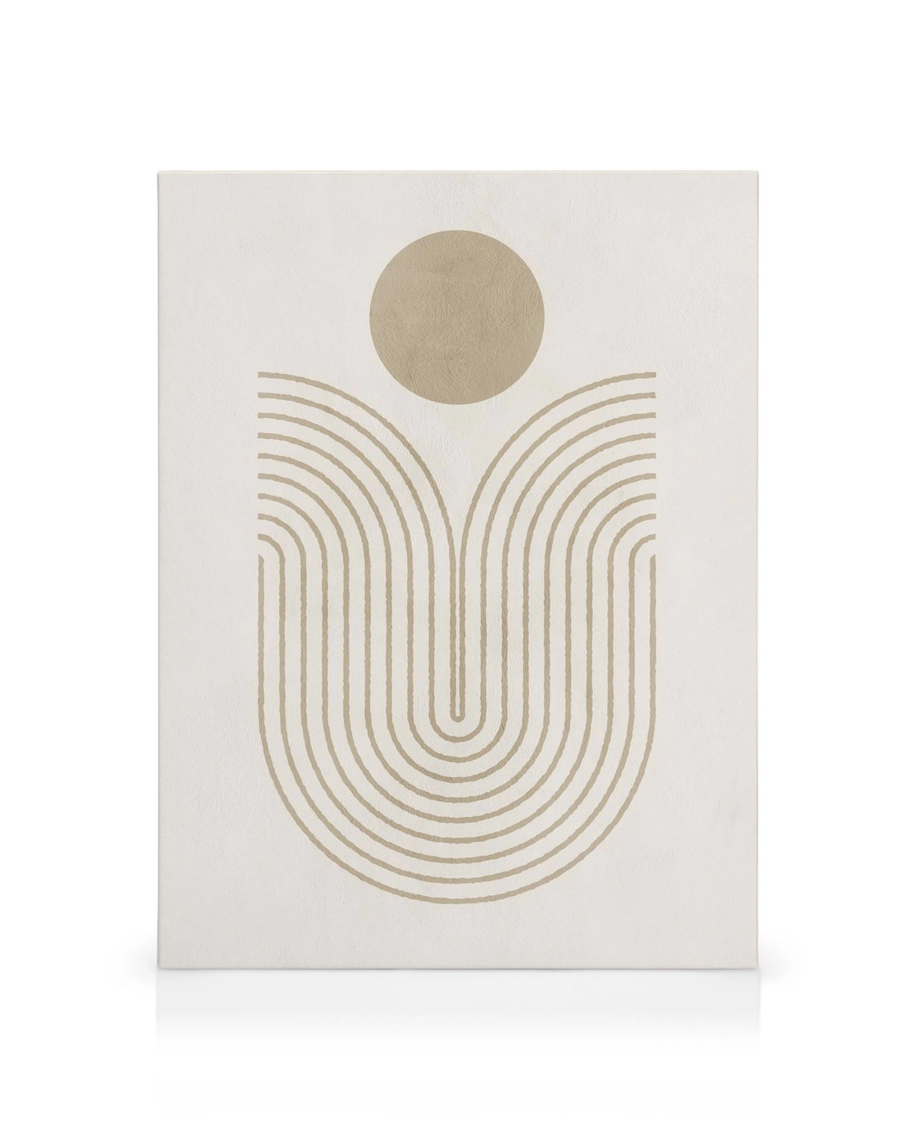 Beige and brown abstract canvas print with curved lines forming a vase shape. Minimalist art with textured appearance.