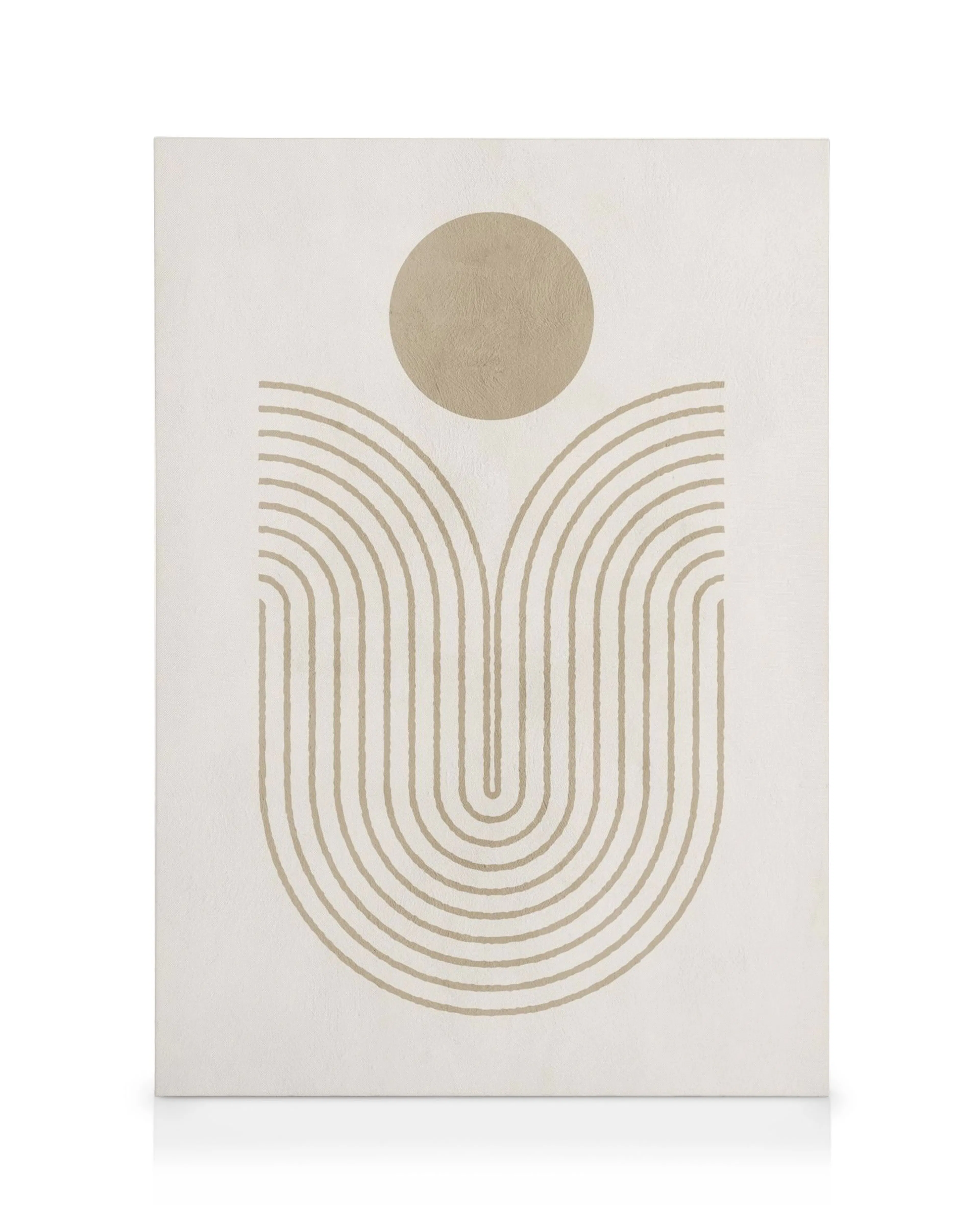 Beige and brown abstract canvas print with curved lines forming a vase shape. Minimalist art with textured appearance.