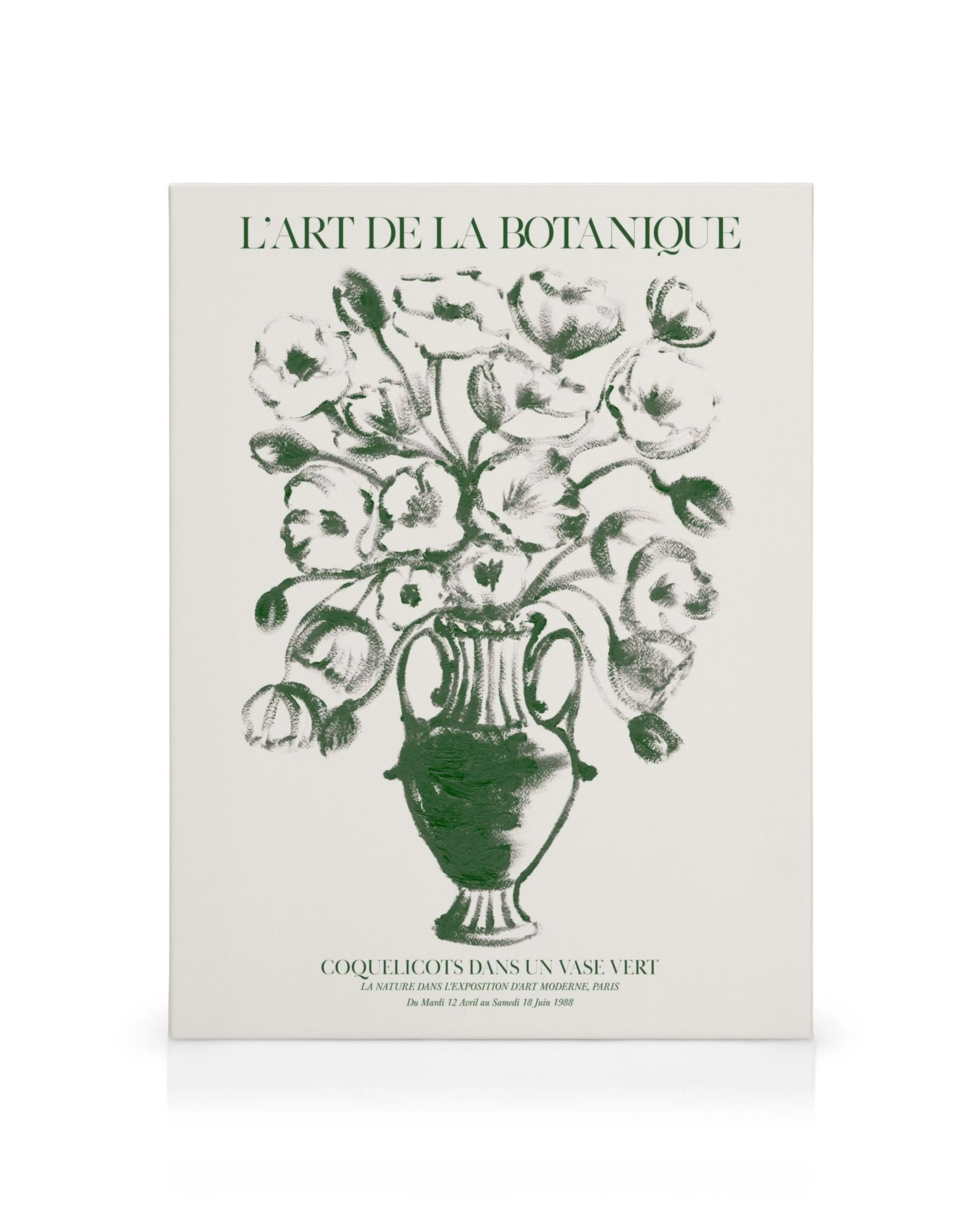 Botanische illustratie canvas met groene klaprozen in vaas en Franse tekst op witte achtergrond.
