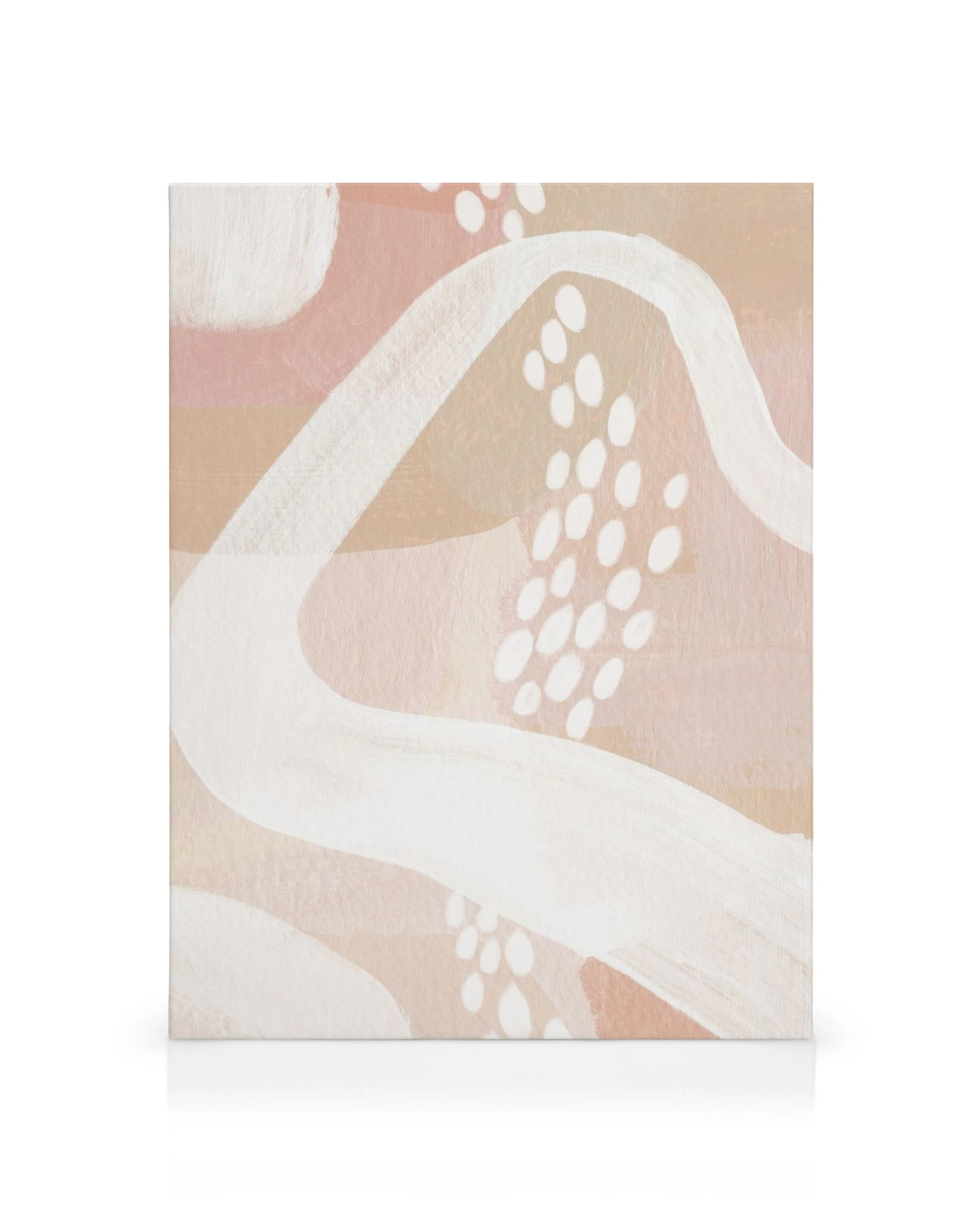 Abstract canvas print with white, pink, and beige shapes and lines on a textured background, modern canvas print.