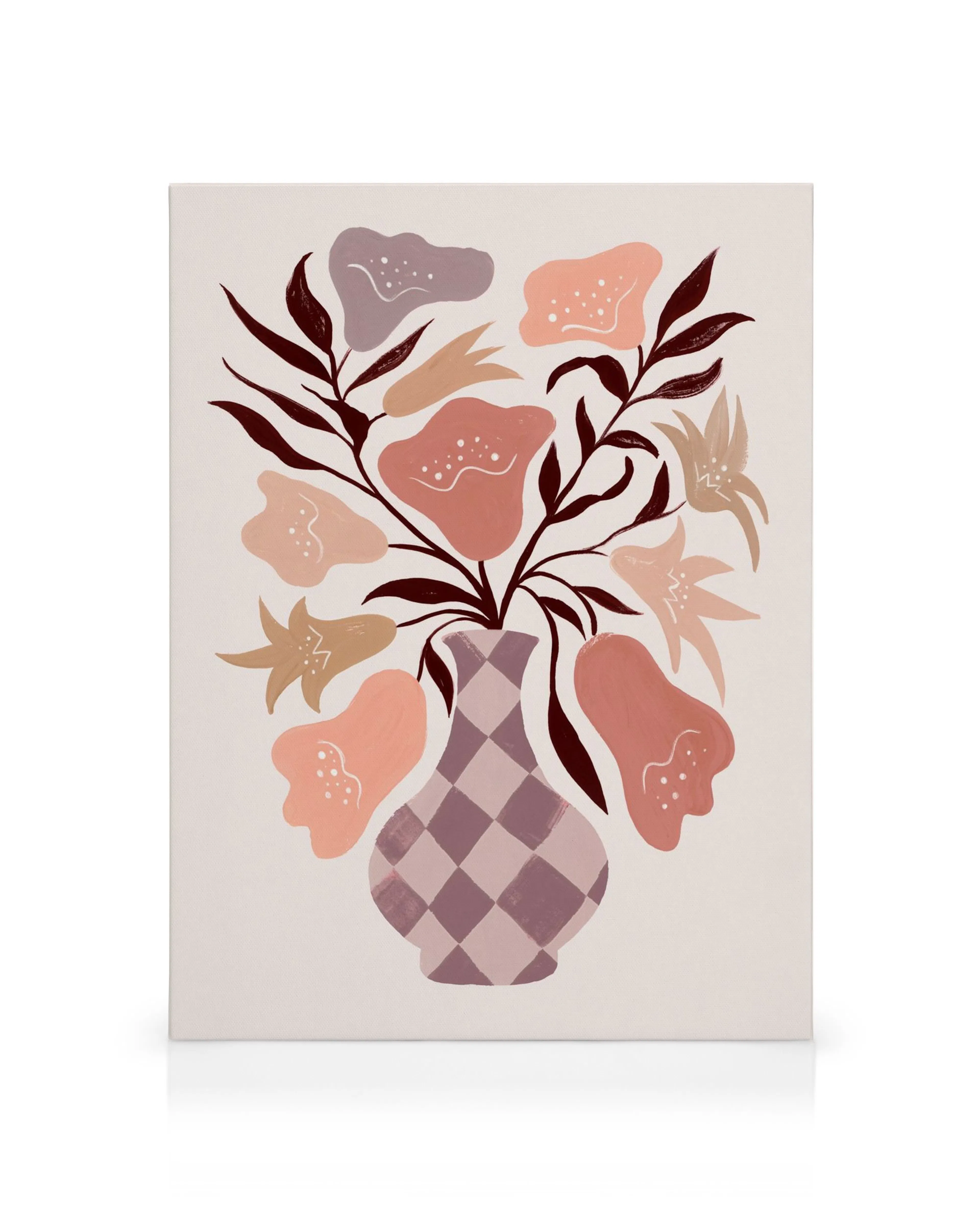 Lienzo con jarrón a cuadros rosa y gris, hojas rojo oscuro, flores rosadas, fondo claro. Arte floral decorativo.