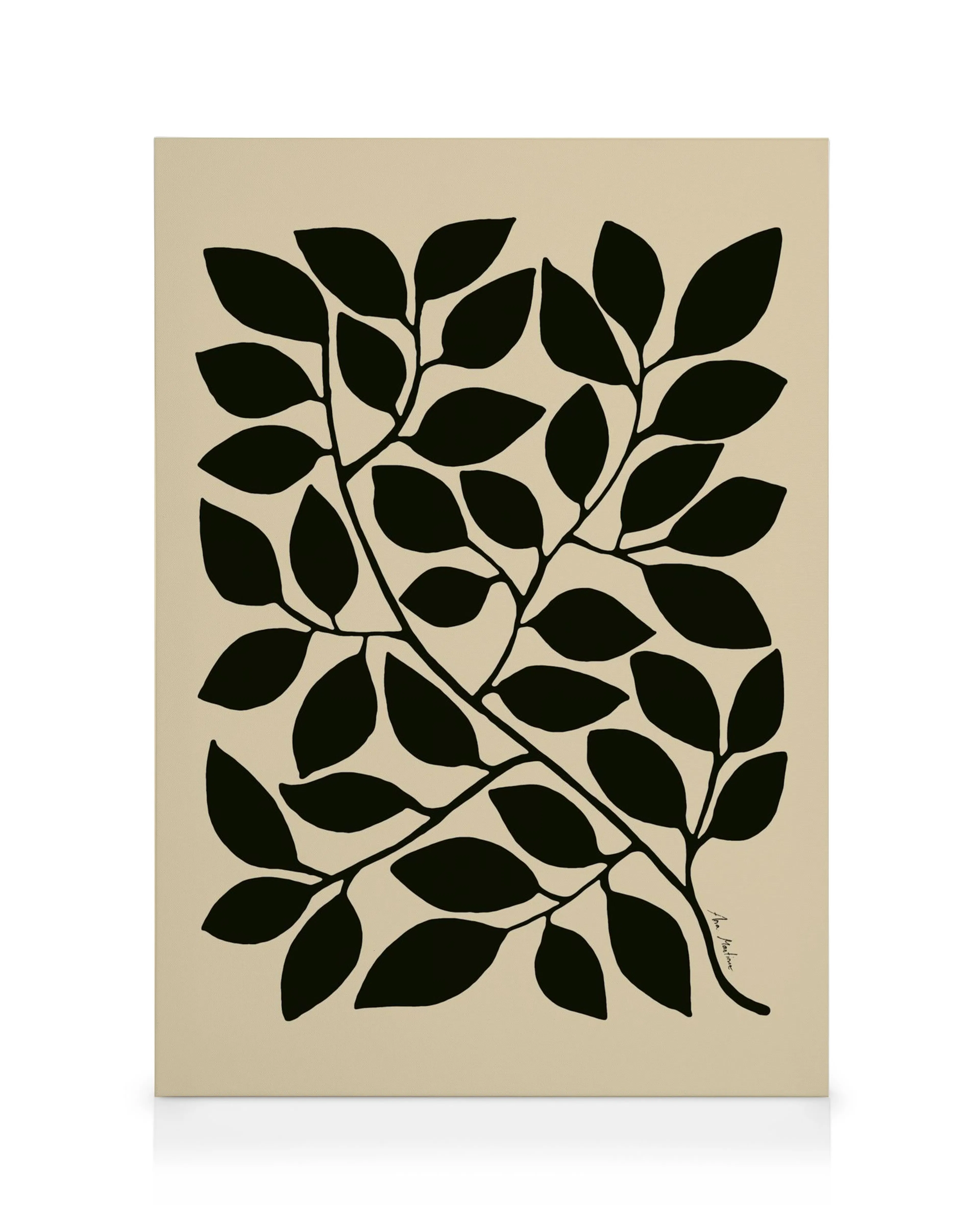 Toile minimaliste avec des feuilles noires ramifiées sur un fond beige, évoquant une plante botanique. Toile murale