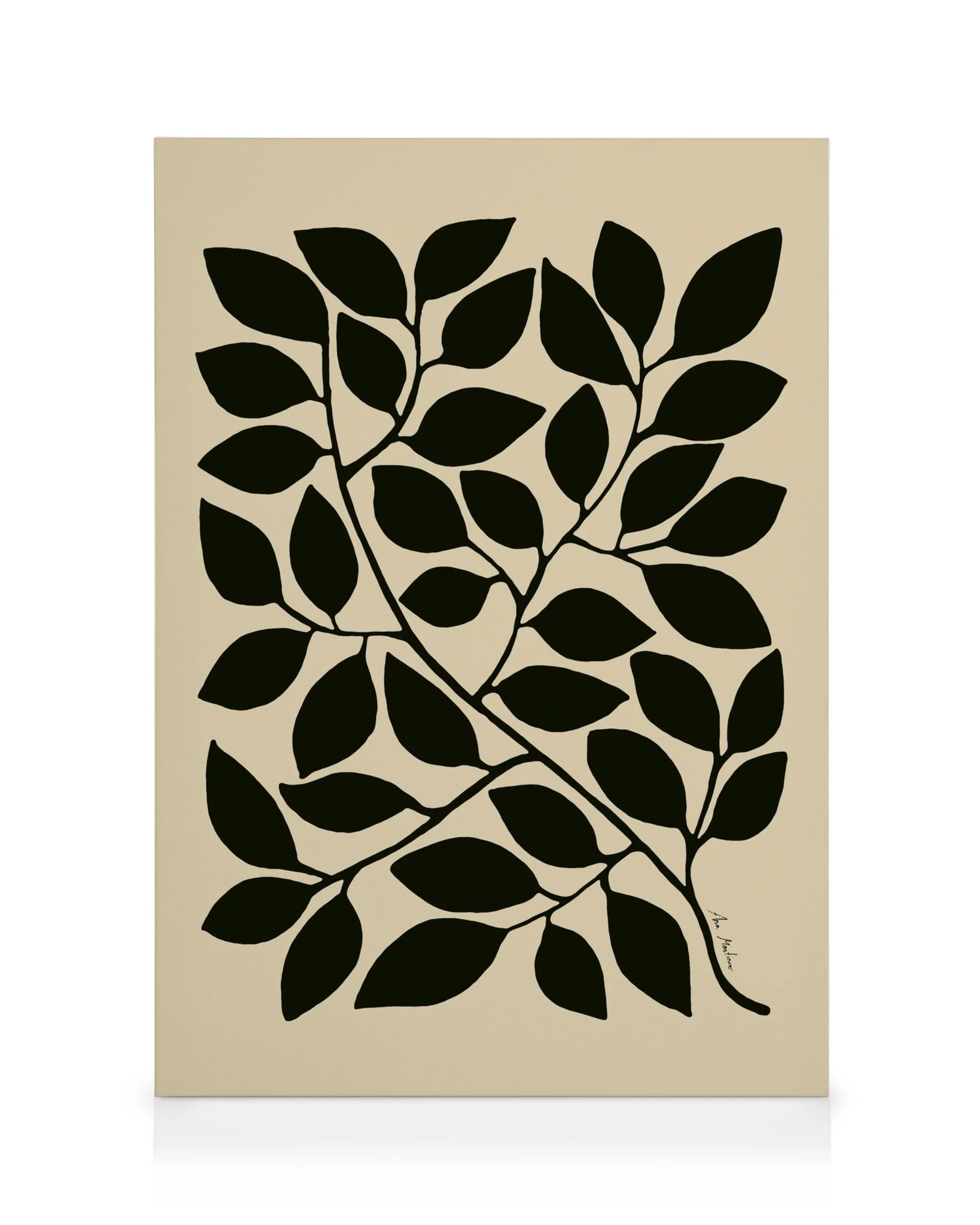 Minimalistisches Leinwandbild mit schwarzen Blattformen auf beigem Hintergrund, die sich wie botanische Äste verzweigen.